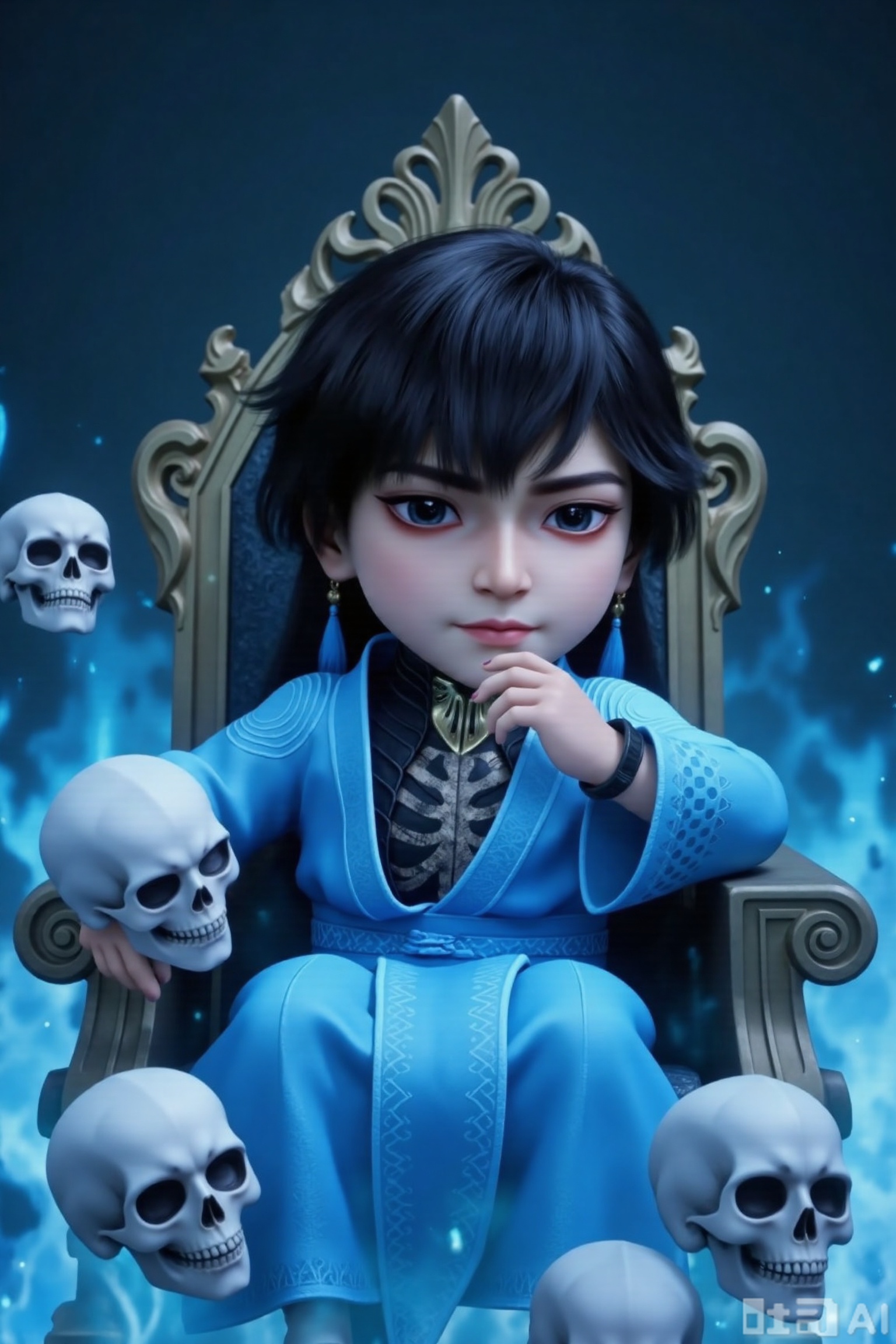 1boy, chibi, cute, little boy, xg, 3D, The character is dressed in a traditional outfit, consisting of a light blue robe with intricate patterns and a black inner garment featuring a skeletal design. The character has long black hair and striking eyes shadow.The image depicts a regal figure seated on an ornate throne, surrounded by swirling blue flames. The throne is intricately designed with gold accents, and the figure has long black hair. Floating around the figure are several white skulls, adding a mysterious and eerie atmosphere to the scene. The background is dark, enhancing the contrast with the glowing blue flames and the figure's attire.One hand rests on the chin, with a very playful expression