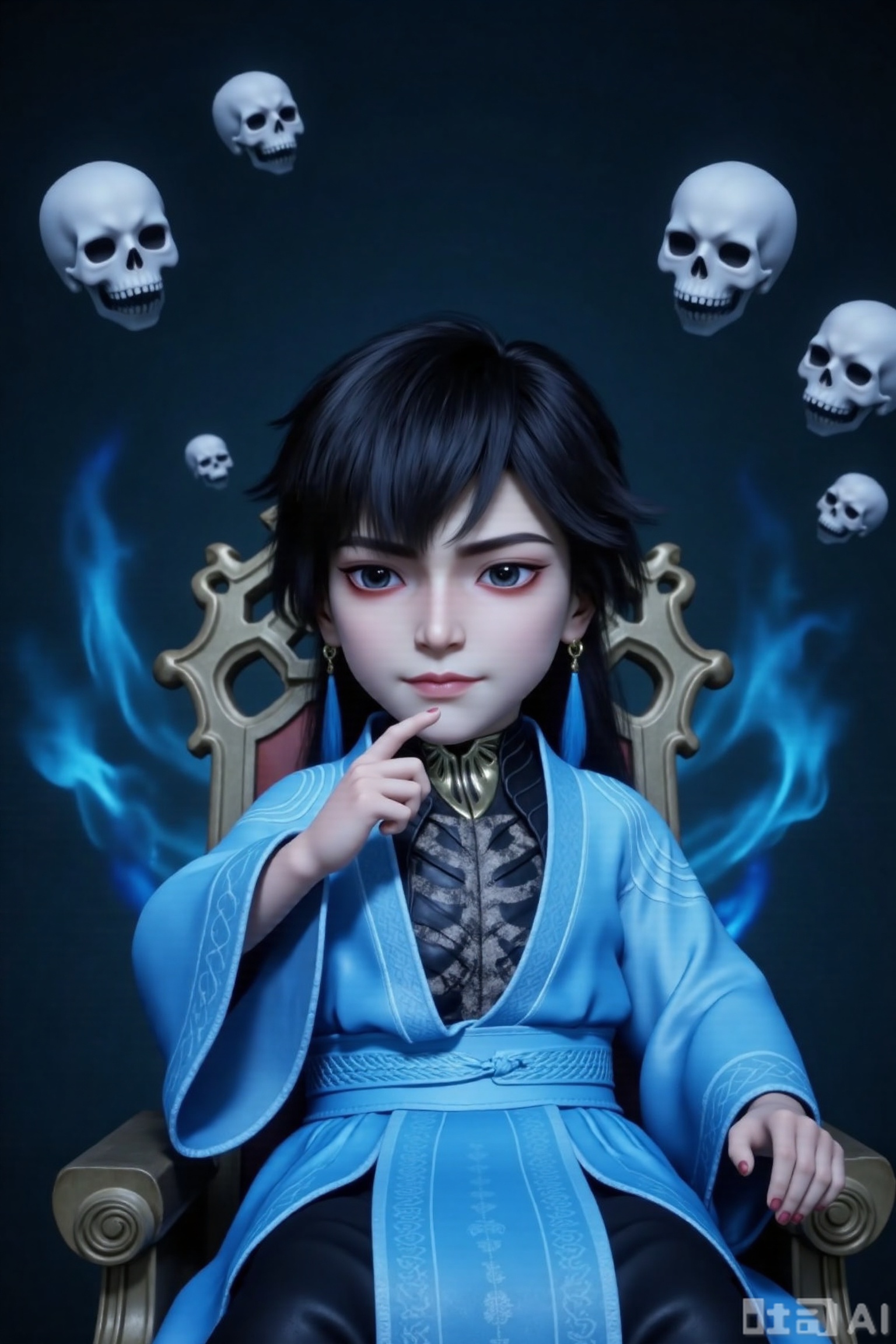 1boy, chibi, cute, little boy, xg, 3D, The character is dressed in a traditional outfit, consisting of a light blue robe with intricate patterns and a black inner garment featuring a skeletal design. The character has long black hair and striking eyes shadow.The image depicts a regal figure seated on an ornate throne, surrounded by swirling blue flames. The throne is intricately designed with gold accents, and the figure has long black hair. Floating around the figure are several white skulls, adding a mysterious and eerie atmosphere to the scene. The background is dark, enhancing the contrast with the glowing blue flames and the figure's attire.One hand rests on the chin, with a very playful expression
