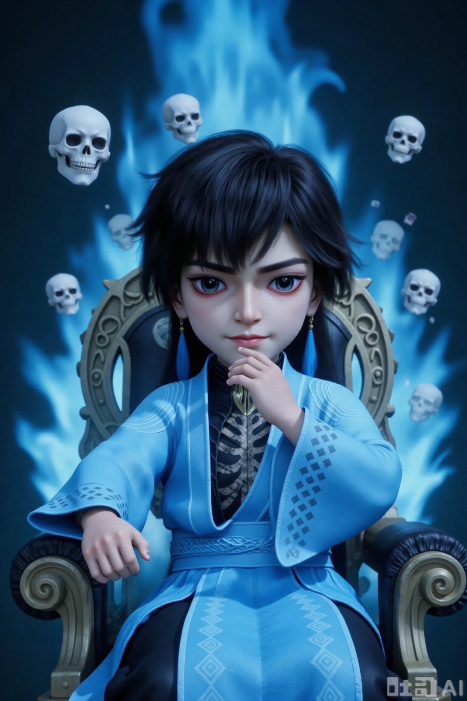 1boy, chibi, cute, little boy, xg, 3D, The character is dressed in a traditional outfit, consisting of a light blue robe with intricate patterns and a black inner garment featuring a skeletal design. The character has long black hair and striking eyes shadow.The image depicts a regal figure seated on an ornate throne, surrounded by swirling blue flames. The throne is intricately designed with gold accents, and the figure has long black hair. Floating around the figure are several white skulls, adding a mysterious and eerie atmosphere to the scene. The background is dark, enhancing the contrast with the glowing blue flames and the figure's attire.One hand rests on the chin, with a very playful expression