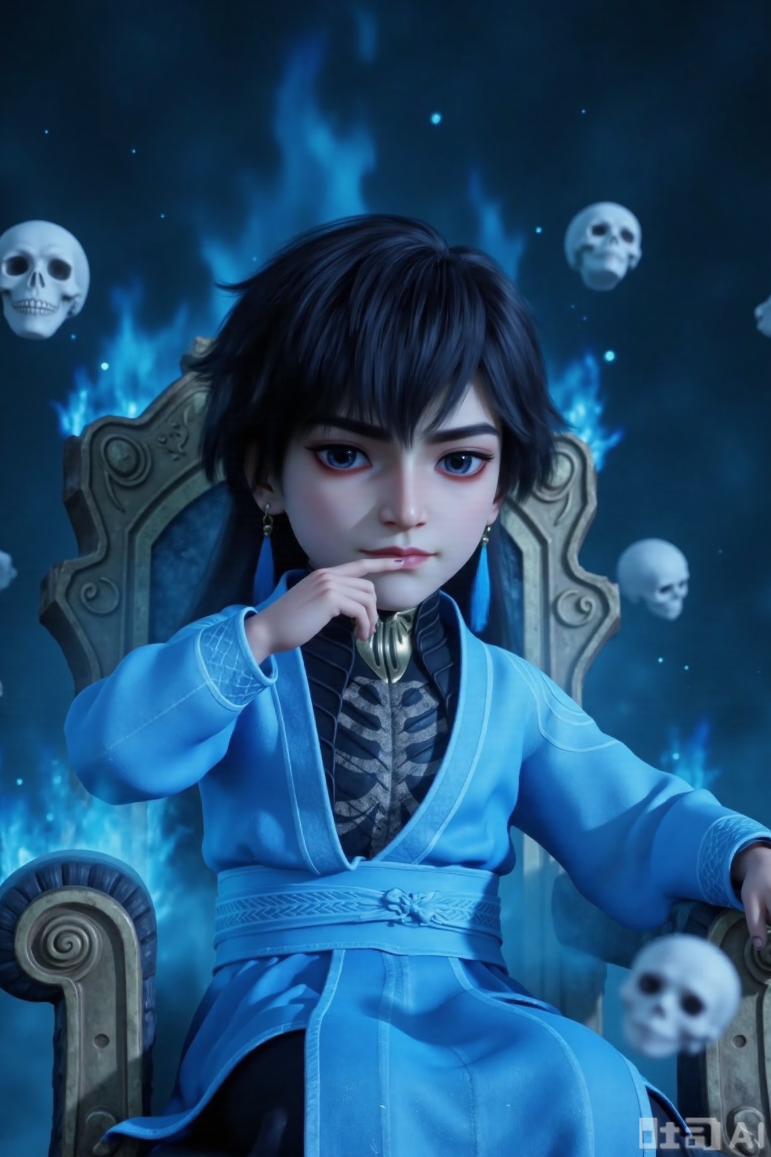1boy, chibi, cute, little boy, xg, 3D, The character is dressed in a traditional outfit, consisting of a light blue robe with intricate patterns and a black inner garment featuring a skeletal design. The character has long black hair and striking eyes shadow.The image depicts a regal figure seated on an ornate throne, surrounded by swirling blue flames. The throne is intricately designed with gold accents, and the figure has long black hair. Floating around the figure are several white skulls, adding a mysterious and eerie atmosphere to the scene. The background is dark, enhancing the contrast with the glowing blue flames and the figure's attire.One hand rests on the chin, with a very playful expression