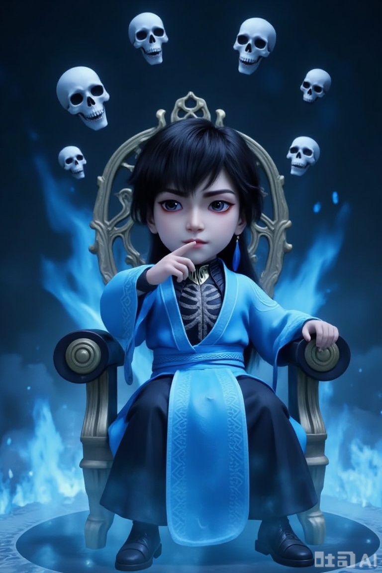 1boy, chibi, cute, little boy, XG, 3D, The character is dressed in a traditional outfit, consisting of a light blue robe with intricate patterns and a black inner garment featuring a skeletal design. The character has long black hair and striking eyes shadow.The image depicts a regal figure seated on an ornate throne, surrounded by swirling blue flames. The throne is intricately designed with gold accents, and the figure has long black hair. Floating around the figure are several white skulls, adding a mysterious and eerie atmosphere to the scene. The background is dark, enhancing the contrast with the glowing blue flames and the figure's attire.One hand rests on the chin, with a very playful expression
