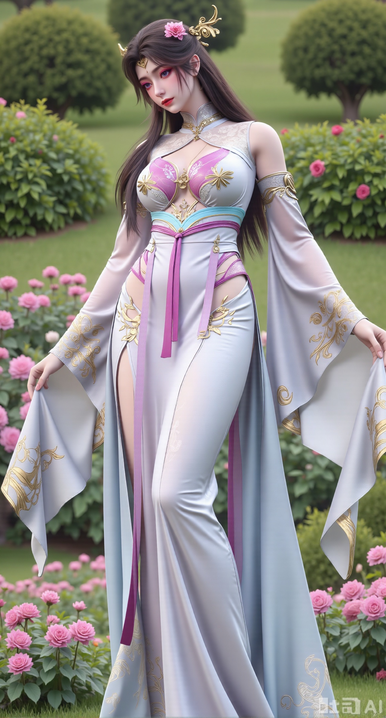 masterpiece:1.2),best quality,,A woman adorned in traditional Chinese attire,featuring a flowing robe with intricate embroidery and floral accents. A garden filled with pink roses and lush greenery. Soft pastel hues of white,blue,and green,creating a serene atmosphere. Photorealistic photography.,,(huge breasts:2.99),(full breasts:2.99),XyunxiaoYK,Xsonghanfu,XlingyuyxiuX,XlingyuyxiuX2,Xqinghannu,Xtangqixiongshanqun,XmeijiX2,XmeijiX