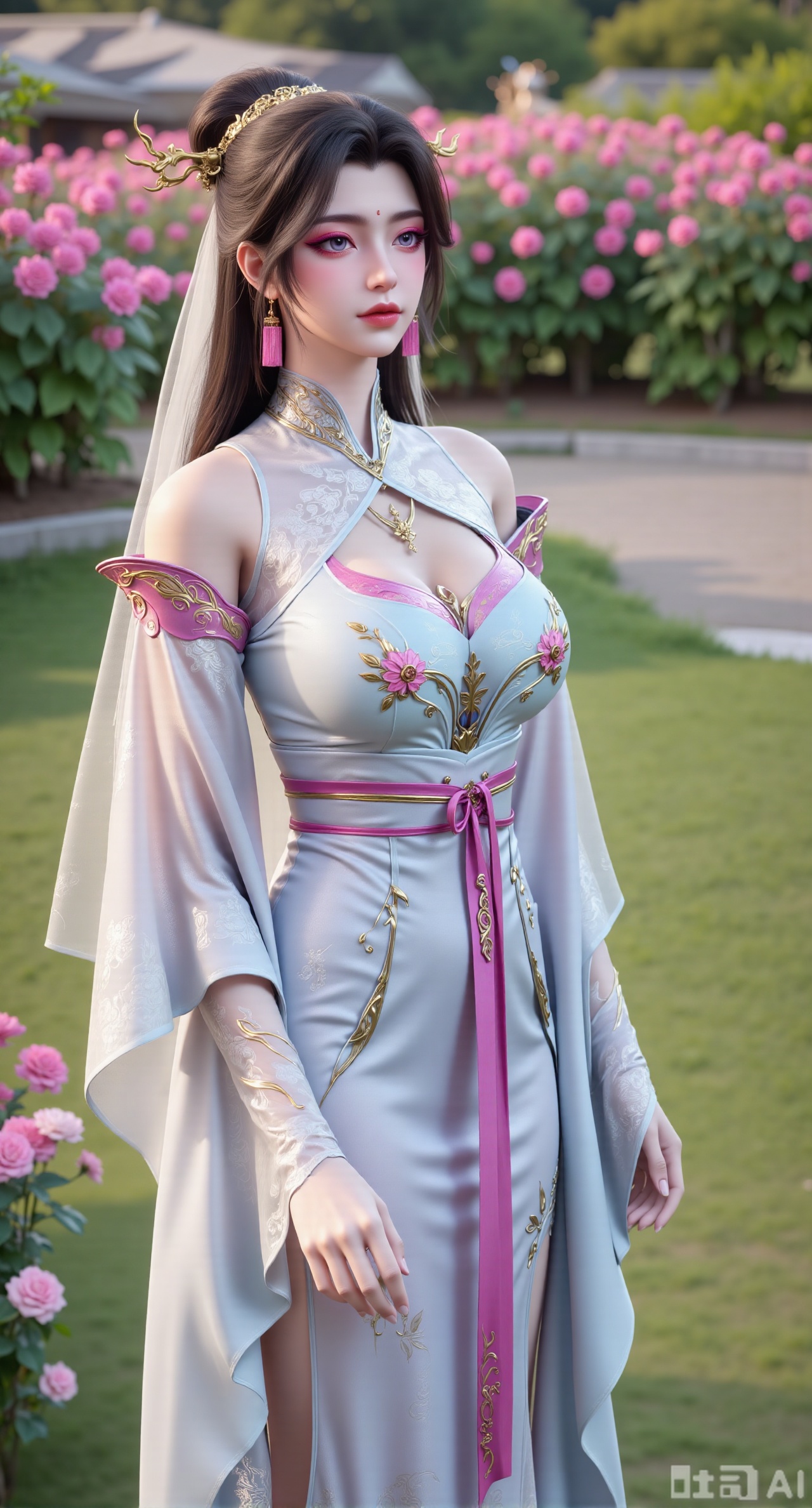 masterpiece:1.2),best quality,,A woman adorned in traditional Chinese attire,featuring a flowing robe with intricate embroidery and floral accents. A garden filled with pink roses and lush greenery. Soft pastel hues of white,blue,and green,creating a serene atmosphere. Photorealistic photography.,,(huge breasts:2.99),(full breasts:2.99),XyunxiaoYK,Xsonghanfu,XlingyuyxiuX,XlingyuyxiuX2,Xqinghannu,Xtangqixiongshanqun,XmeijiX2,XmeijiX