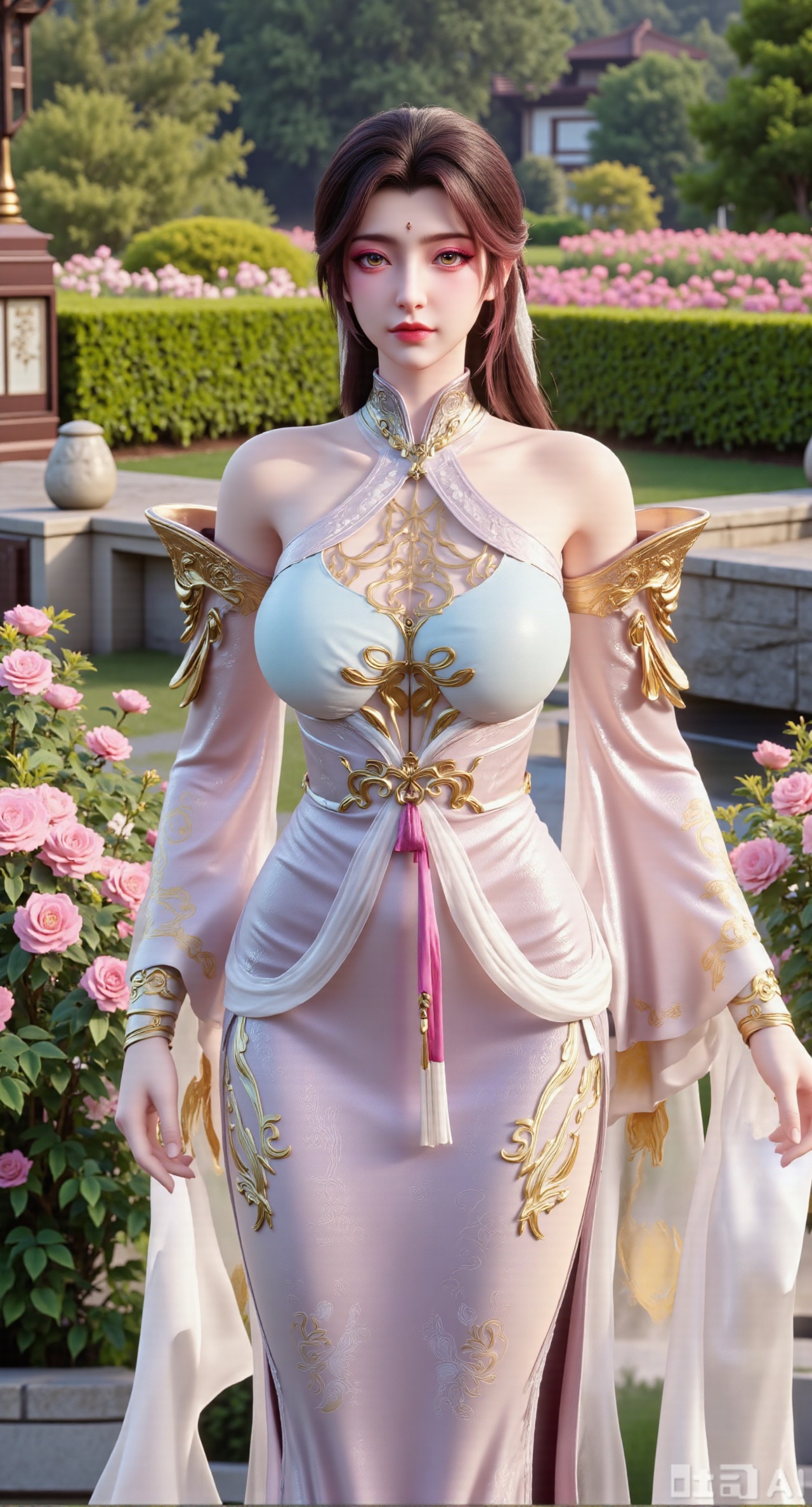 (masterpiece:1.2),best quality,,A woman adorned in traditional Chinese attire,featuring a flowing robe with intricate embroidery and floral accents. A garden filled with pink roses and lush greenery. Soft pastel hues of white,blue,and green,creating a serene atmosphere. Photorealistic photography.,,(huge breasts:2.99),(full breasts:2.99),,XyunxiaoYK,Xsonghanfu,XlingyuyxiuX,XlingyuyxiuX2,Xqinghannu,Xtangqixiongshanqun,XmeijiX2,XmeijiX,XPVCshouban