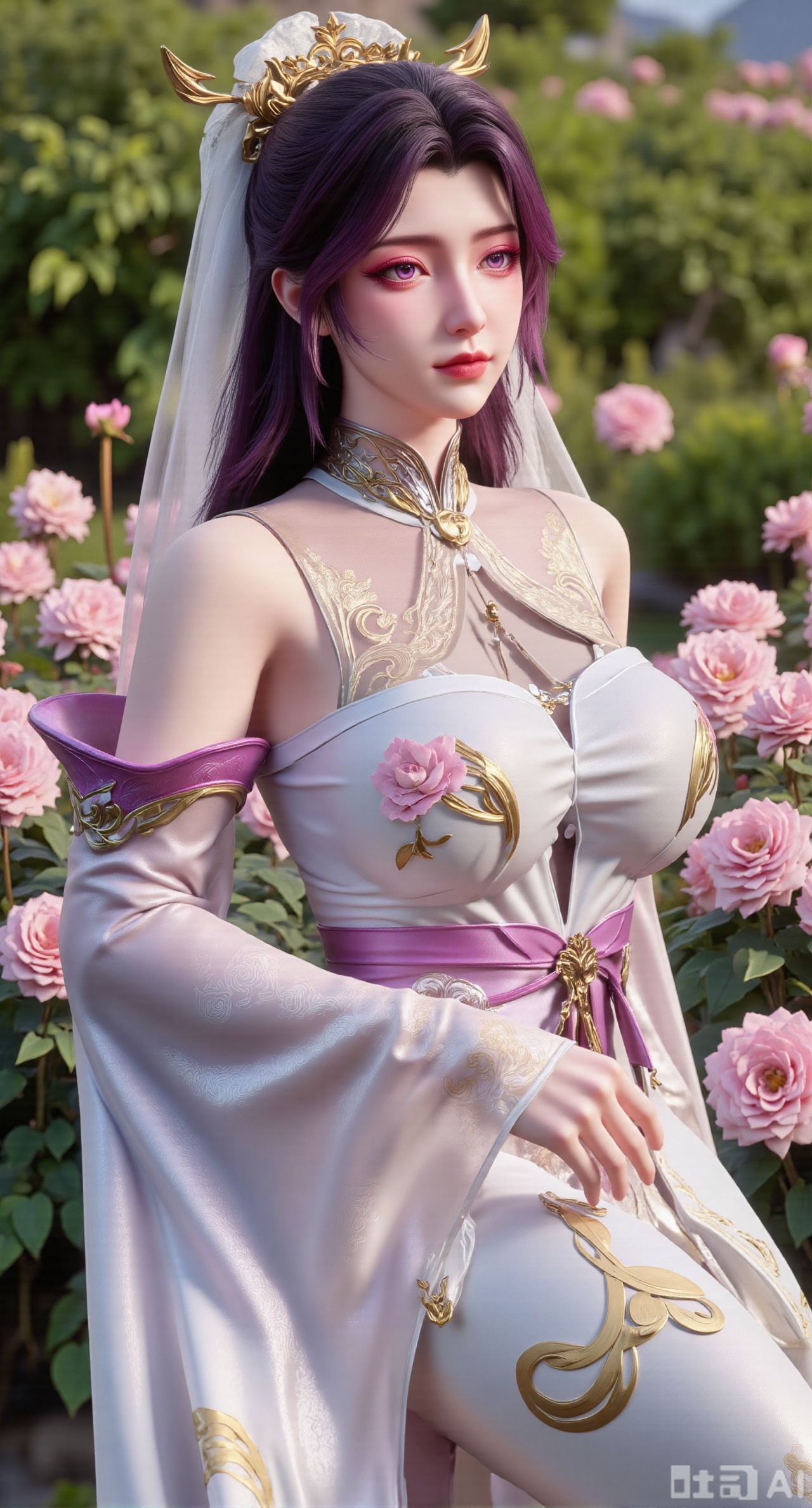 (masterpiece:1.2),best quality,,A woman adorned in traditional Chinese attire,featuring a flowing robe with intricate embroidery and floral accents. A garden filled with pink roses and lush greenery. Soft pastel hues of white,blue,and green,creating a serene atmosphere. Photorealistic photography.,,(huge breasts:2.99),(full breasts:2.99),,XyunxiaoYK,Xsonghanfu,XlingyuyxiuX,XlingyuyxiuX2,Xqinghannu,Xtangqixiongshanqun,XmeijiX2,XmeijiX,XPVCshouban