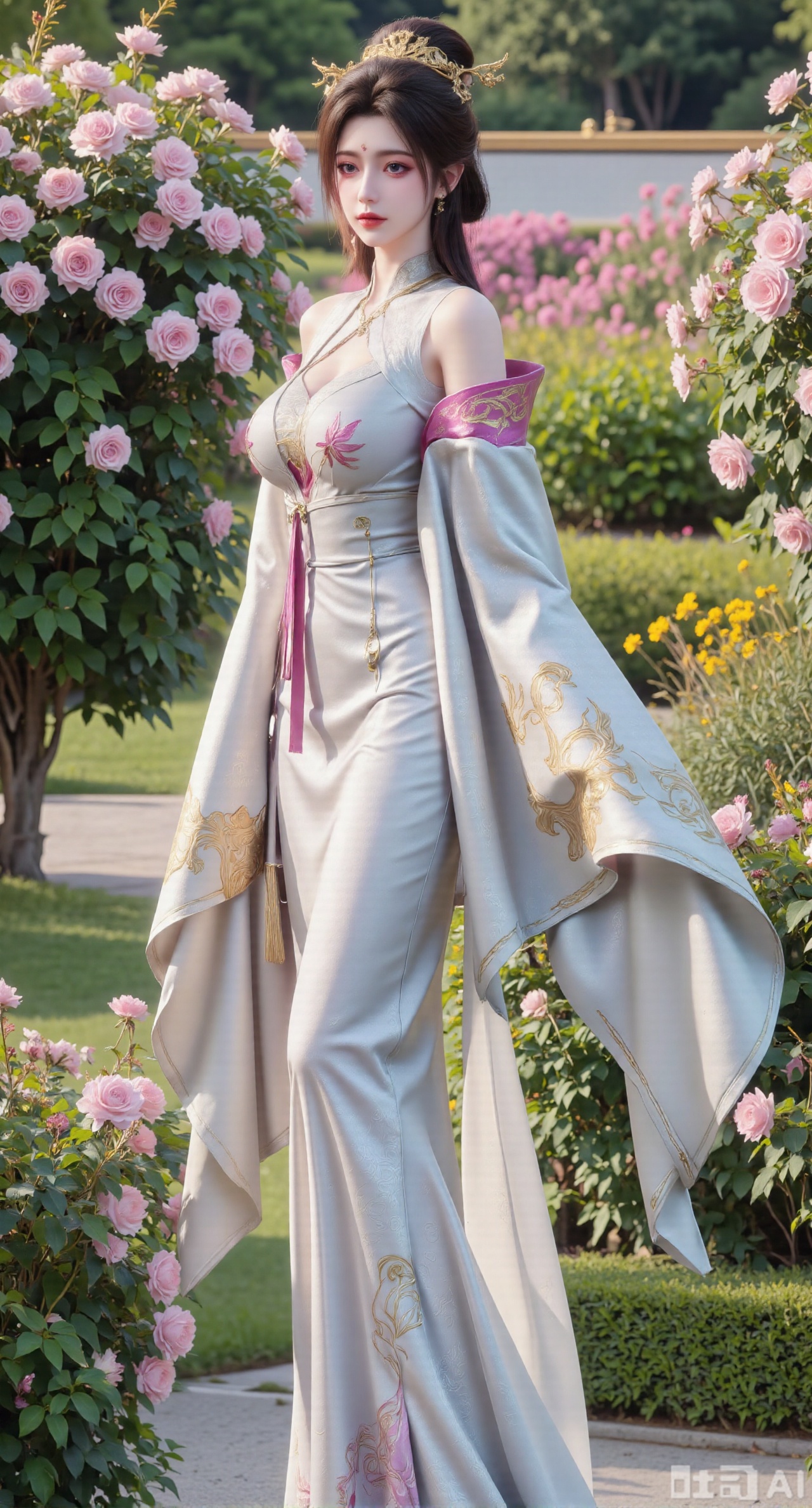 masterpiece:1.2),best quality,,A woman adorned in traditional Chinese attire,featuring a flowing robe with intricate embroidery and floral accents. A garden filled with pink roses and lush greenery. Soft pastel hues of white,blue,and green,creating a serene atmosphere. Photorealistic photography.,,(huge breasts:2.99),(full breasts:2.99),XyunxiaoYK,Xsonghanfu,XlingyuyxiuX,XlingyuyxiuX2,Xqinghannu,Xtangqixiongshanqun,XmeijiX2,XmeijiX