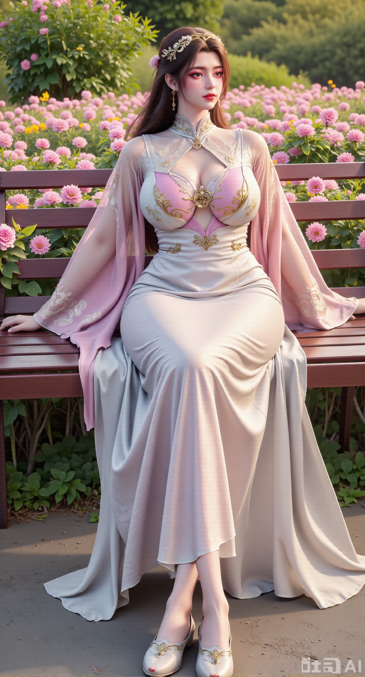 (masterpiece, best quality:1.2),A beauty wearing a pearl hairband dons a long dress, paired with a sheer knitted cardigan and Mary Jane shoes. Leaning on a garden bench filled with macaron - colored flowers,.Sunlight filters through the leaves onto her face, creating a lazy and gentle atmosphere, and her skirt sways softly in the breeze. 8K resolution, detailed texture of knitted fabric, lustrous pearl texture, vivid flower colors, soft natural light, Instagram - style filter texture.,(huge breasts:2.99),(full breasts:2.99),XyunxiaoYK,Xsonghanfu,XlingyuyxiuX,XlingyuyxiuX2,Xqinghannu,Xtangqixiongshanqun,XmeijiX2,XmeijiX