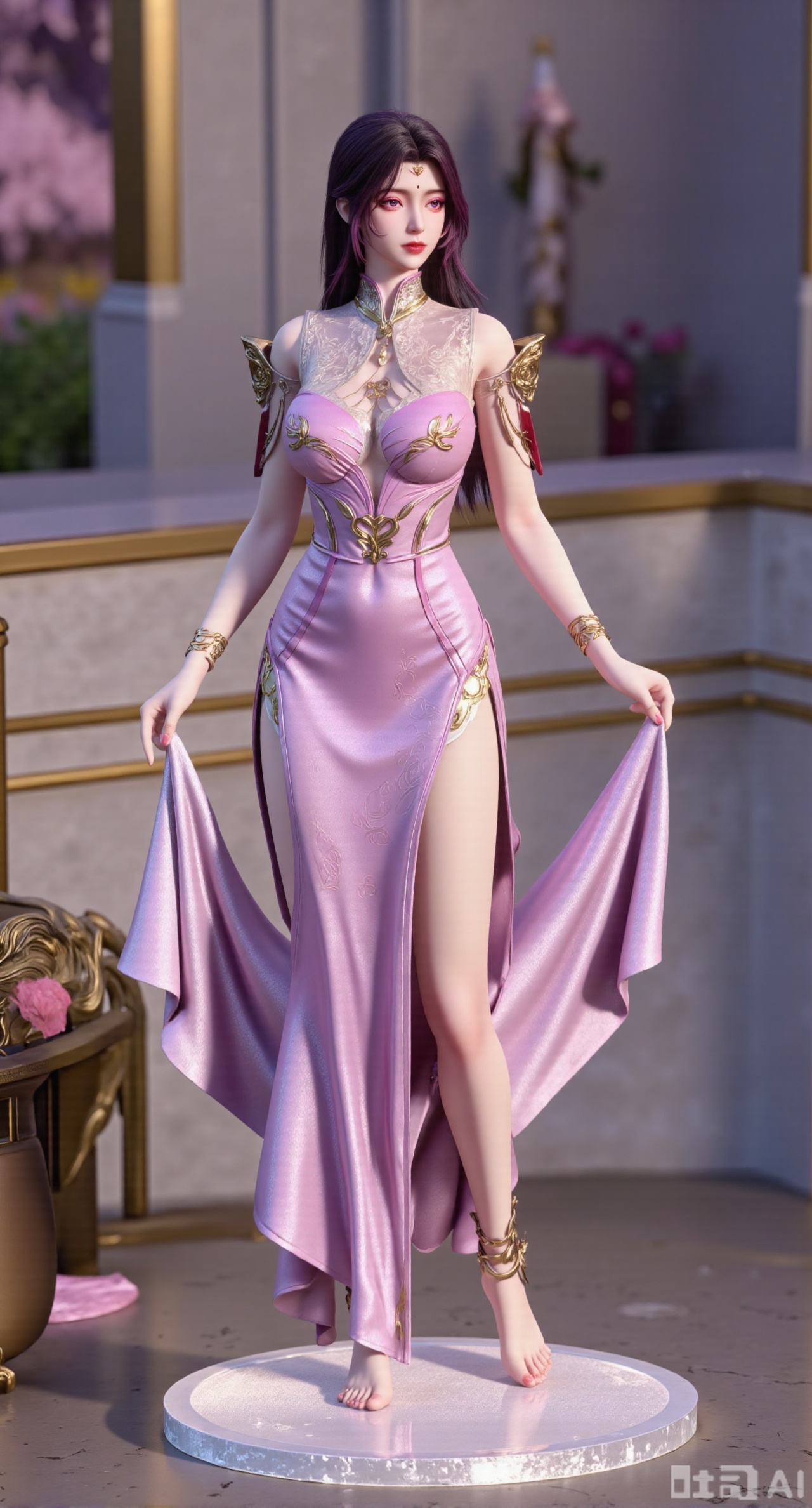 (masterpiece,best quality:1.23)A PVC figurine beauty with soft long black hair, wearing a retro - style corseted dress and red high - heeled shoes, stands on a faintly glowing transparent crystal platform, gently lifting the hem of her dress. The background is blurred, and a hazy dreamy garden scene can be seen,(huge breasts, full breasts:2.98),XyunxiaoYK,Xsonghanfu,XlingyuyxiuX,XlingyuyxiuX2,Xqinghannu,Xtangqixiongshanqun,XmeijiX2,XmeijiX,XPVCshouban