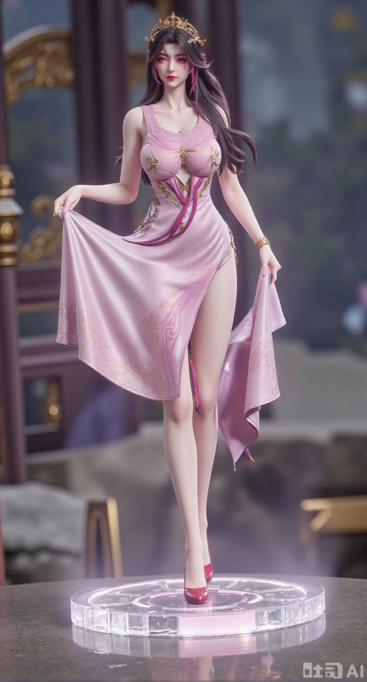 (masterpiece,best quality:1.23)A PVC figurine beauty with soft long black hair, wearing a retro - style corseted dress and red high - heeled shoes, stands on a faintly glowing transparent crystal platform, gently lifting the hem of her dress. The background is blurred, and a hazy dreamy garden scene can be seen,(huge breasts, full breasts:2.98),XyunxiaoYK,Xsonghanfu,XlingyuyxiuX,XlingyuyxiuX2,Xqinghannu,Xtangqixiongshanqun,XmeijiX2,XmeijiX,XPVCshouban
