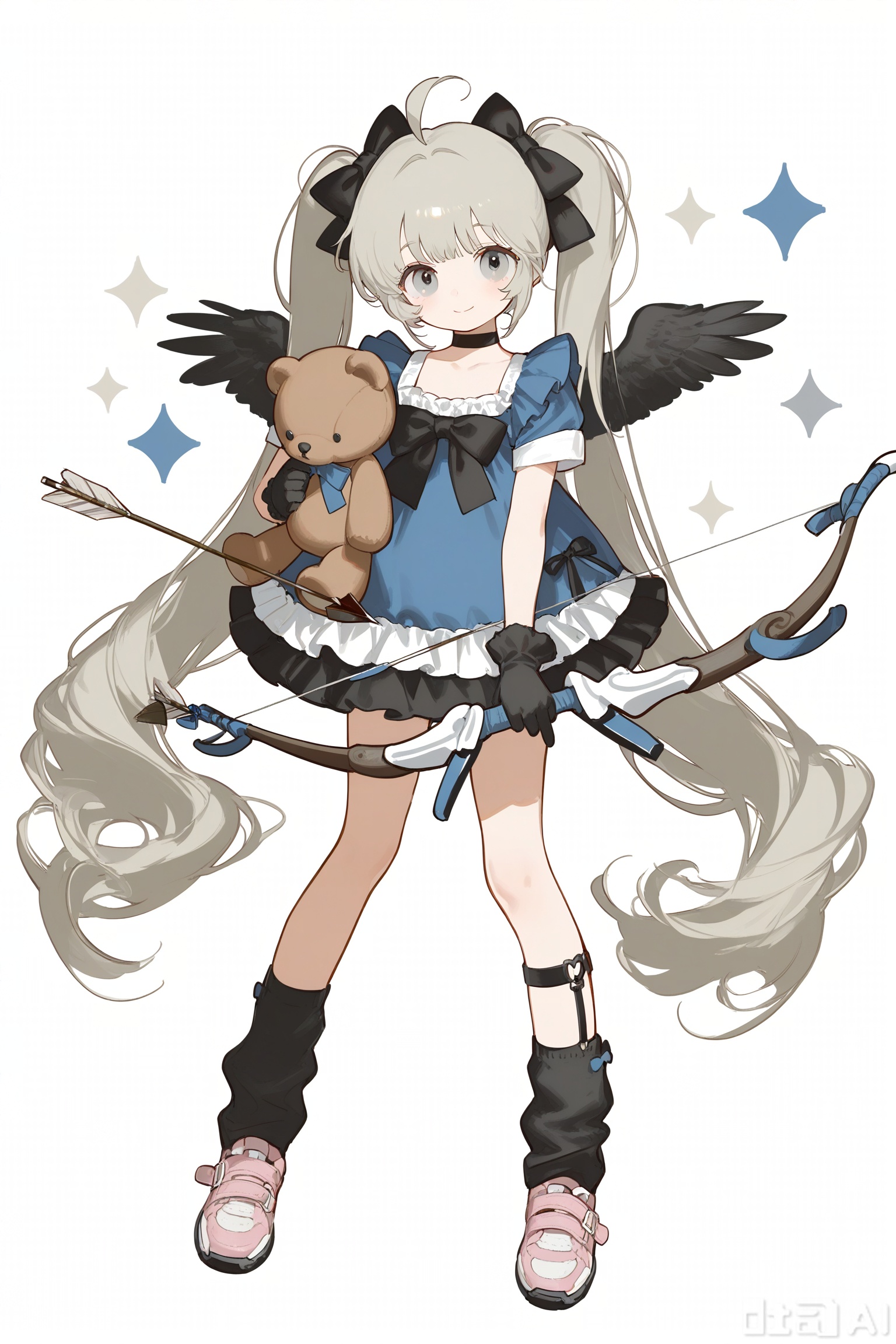 1girl, solo, long hair, looking at viewer, smile, bangs, skirt, simple background, gloves, white background, dress, bow, holding, twintails, very long hair, closed mouth, full body, weapon, ahoge, short sleeves, hair bow, heart, frills, wings, shoes, choker, black gloves, socks, bag, holding weapon, grey eyes, black bow, stuffed toy, stuffed animal, black socks, teddy bear, bow \(weapon\), arrow \(projectile\), holding bow \(weapon\)