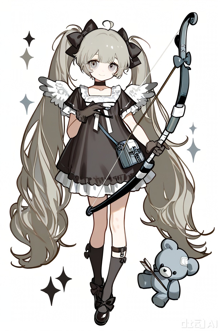 1girl, solo, long hair, looking at viewer, smile, bangs, skirt, simple background, gloves, white background, dress, bow, holding, twintails, very long hair, closed mouth, full body, weapon, ahoge, short sleeves, hair bow, heart, frills, wings, shoes, choker, black gloves, socks, bag, holding weapon, grey eyes, black bow, stuffed toy, stuffed animal, black socks, teddy bear, bow \(weapon\), arrow \(projectile\), holding bow \(weapon\)