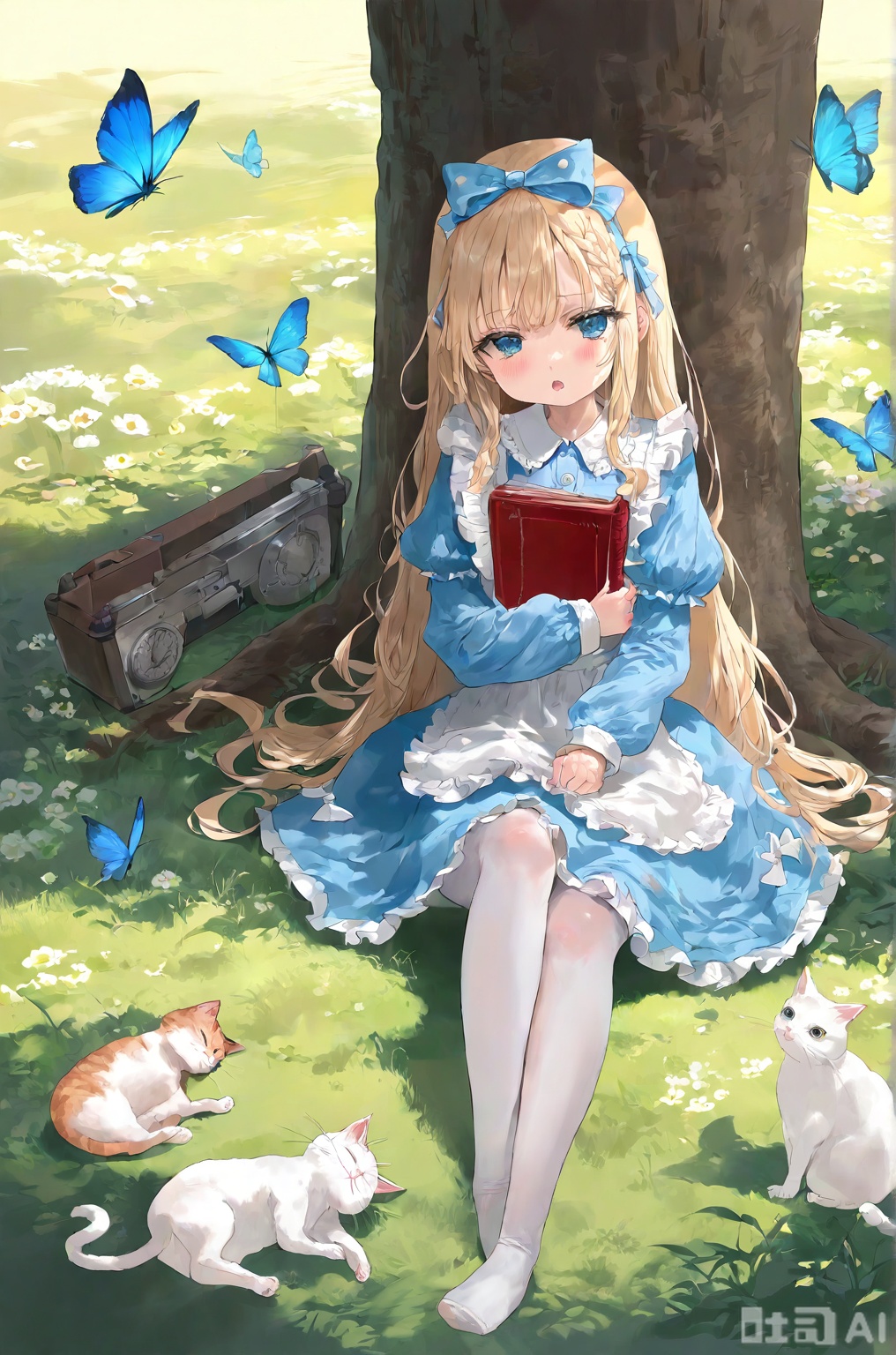 masterpiece,best quality,amazing quality,very aesthetic,absurdres,newest,1girl,Alice\(Alice in Wonderland\), solo, long hair, looking at viewer, blush, open mouth, bangs, blue eyes, blonde hair, long sleeves, dress, bow, sitting, very long hair, full body, braid, hair bow, pantyhose, frills, puffy sleeves, :o, apron, feet, floating hair, blue dress, no shoes, frilled dress, white bow, messy hair, Rabbit, cat, sitting against the tree,Grassland, sunshine,Holding a book, A huge clock dial,dream, soul, (fluorescence), (flying translucent blue butterfly),