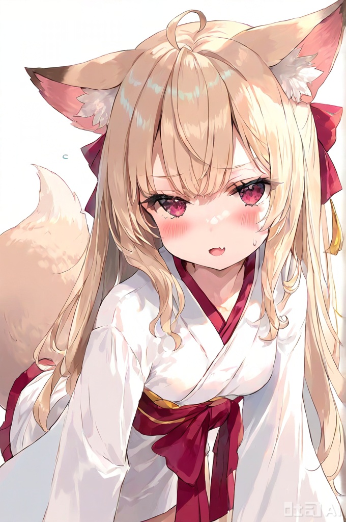 masterpiece,best quality,amazing quality,very aesthetic,absurdres,newest,1girl,animal ears,tail,fox ears,solo,long hair,fox tail,fox girl,red eyes,looking at viewer,blonde hair,animal ear fluff,ahoge,japanese clothes,simple background,long sleeves,open mouth,blush,wide sleeves,white kimono,kimono,very long hair,tail raised,breasts,medium breasts,obi,sash,virtual youtuber,fang,