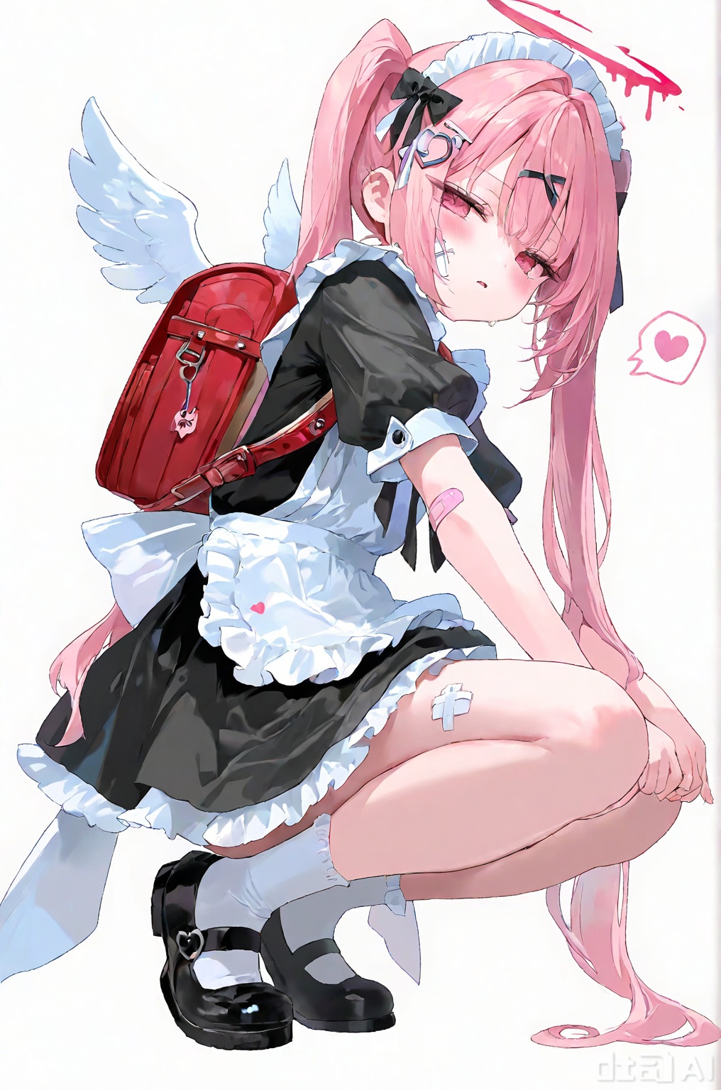 masterpiece,best quality,amazing quality,very aesthetic,absurdres,newest,1girl,backpack,bandaid,randoseru,solo,bag,pink hair,bandages,halo,apron,maid headdress,short sleeves,hair ornament,dress,maid,white background,gauze,looking at viewer,frills,white apron,bandaid on leg,wings,simple background,bow,pink eyes,black dress,blush,black footwear,black bow,puffy short sleeves,puffy sleeves,squatting,hair bow,hairclip,long hair,bandaid on arm,white bow,bandaged leg,shoes,parted lips,socks,angel wings,frilled apron,white socks,hair intakes,bandaid on face,sweatdrop,frilled dress,heart,heart hair ornament,maid apron,red bag,white wings,looking back,