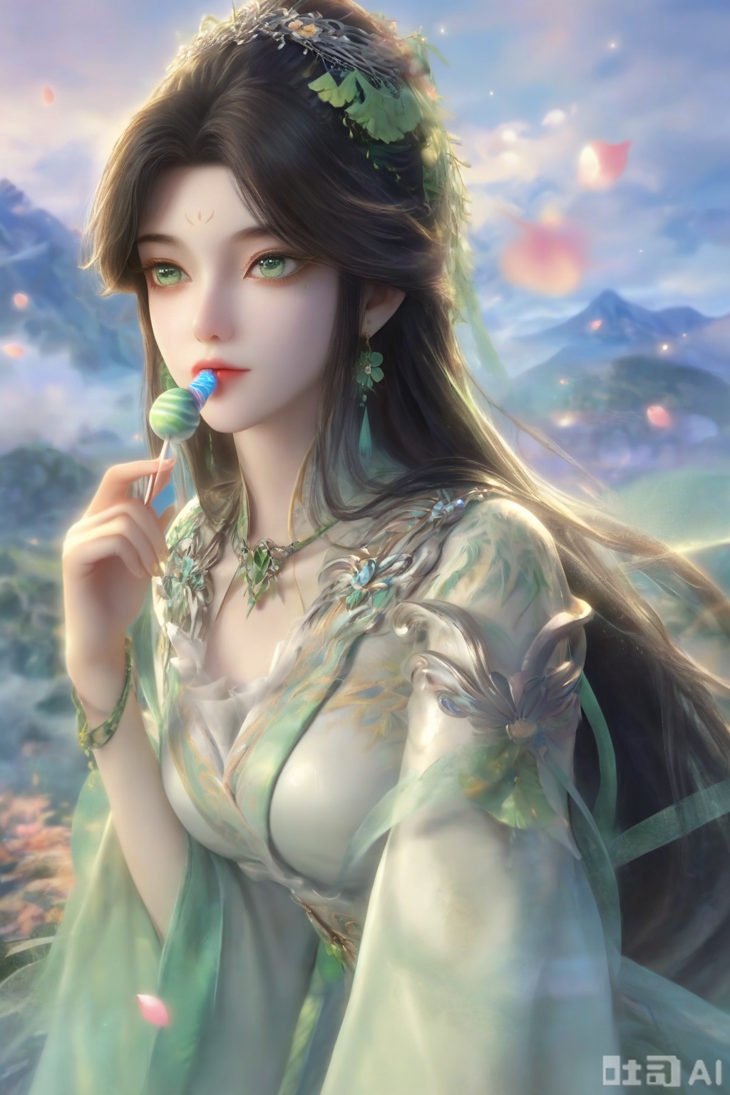 Score _9, score _8_up, score _7_up, 1 girl, watching the audience, solo, long hair, black hair, hair accessories, dresses, jewelry, very long hair, green eyes, earrings, white dresses, facial signs, forehead signs, realism, happiness, outdoors, petals, bending over, eating lollipops, lollipops.Mountains, clouds, fog, gilding, crossing gold,hill
