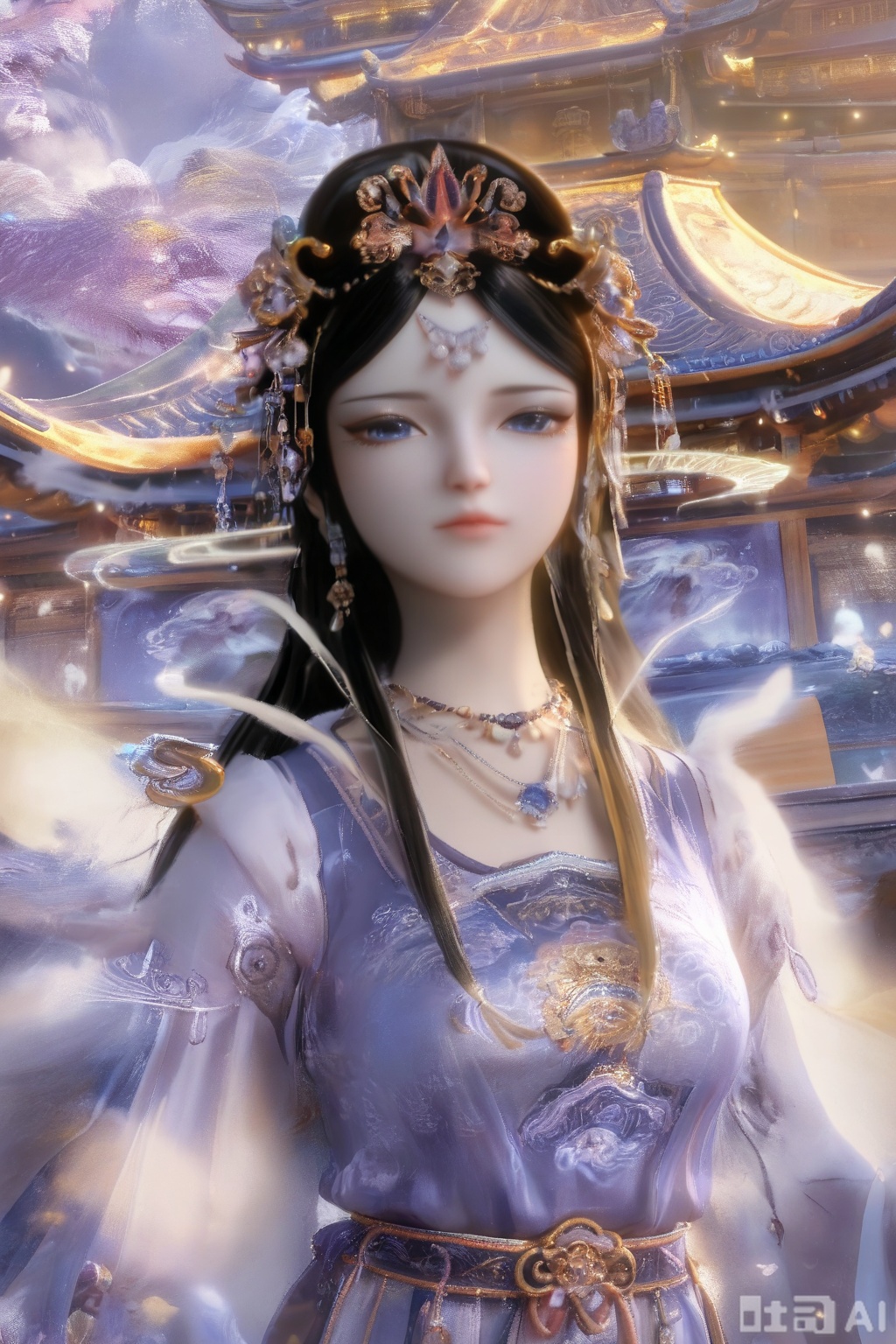 Score_9, score_8_up, score_7_up, looking at the audience, long sleeves, blue theme, necklace, cherry blossoms, petals, 3d, lifelike, ancient architecture, 1 girl, solo, long hair, black hair, hair accessories, long sleeves, dresses, jewelry, necklaces, Hanfu, blue eyes.