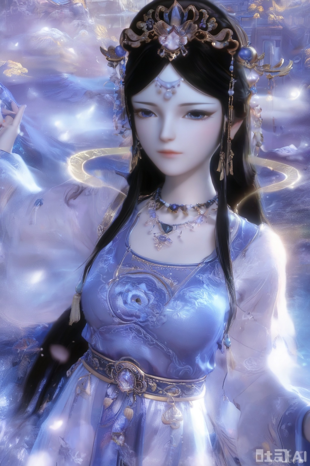 Score_9, score_8_up, score_7_up, looking at the audience, long sleeves, blue theme, necklace, cherry blossoms, petals, 3d, lifelike, ancient architecture, 1 girl, solo, long hair, black hair, hair accessories, long sleeves, dresses, jewelry, necklaces, Hanfu, blue eyes.