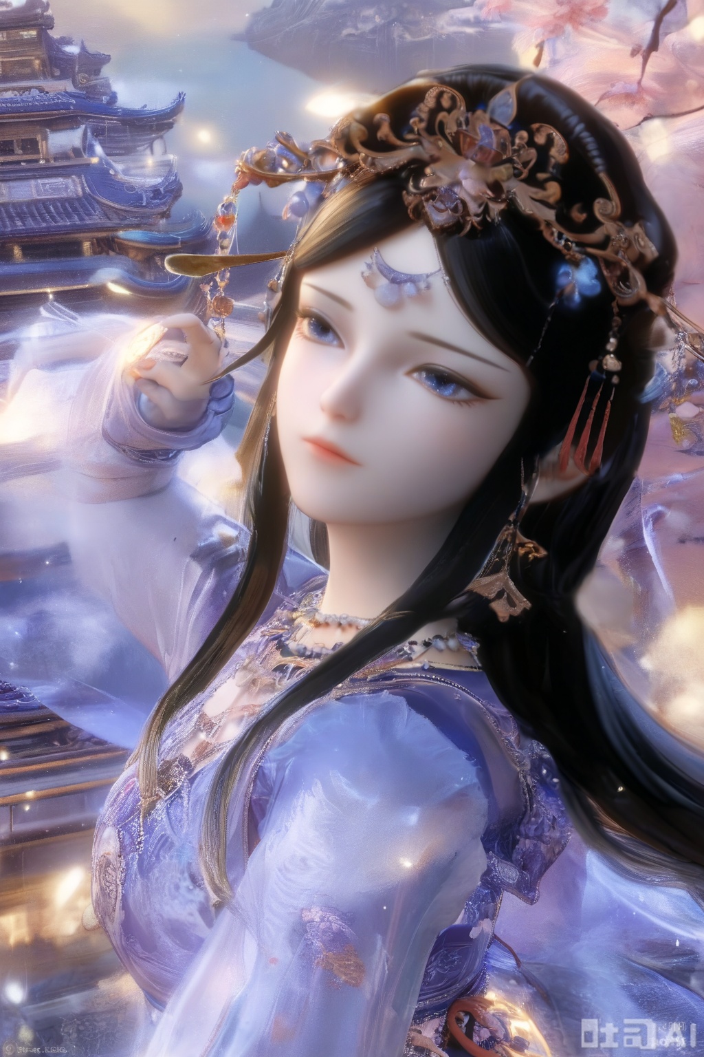 Score_9, score_8_up, score_7_up, looking at the audience, long sleeves, blue theme, necklace, cherry blossoms, petals, 3d, lifelike, ancient architecture, 1 girl, solo, long hair, black hair, hair accessories, long sleeves, dresses, jewelry, necklaces, Hanfu, blue eyes.
