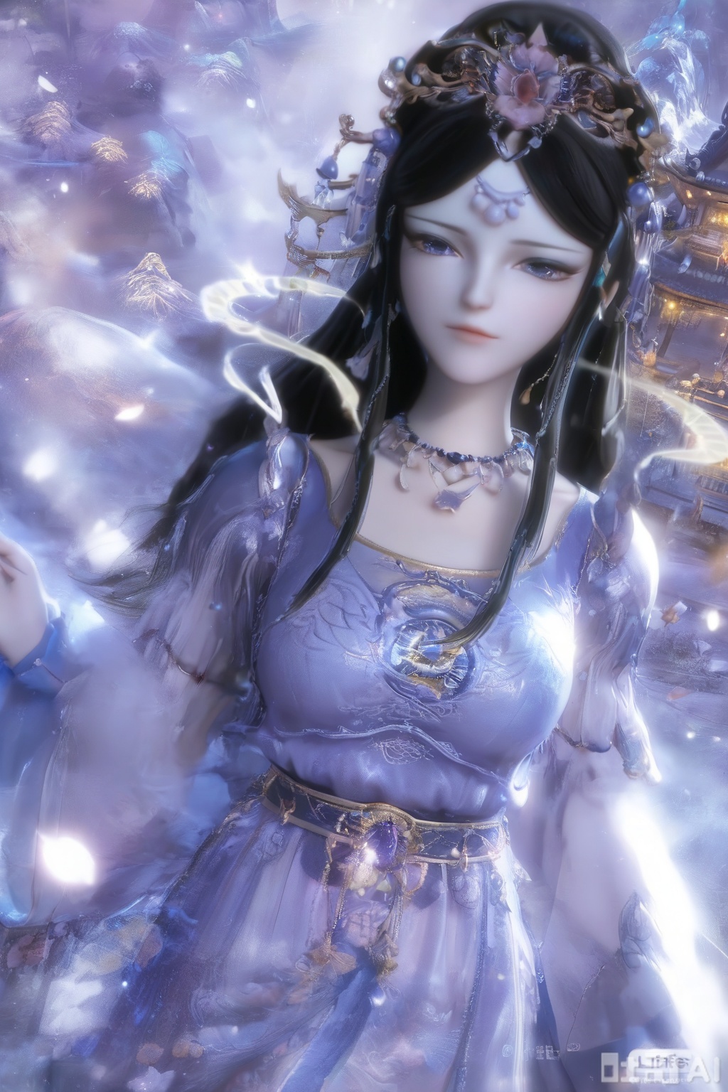 Score_9, score_8_up, score_7_up, looking at the audience, long sleeves, blue theme, necklace, cherry blossoms, petals, 3d, lifelike, ancient architecture, 1 girl, solo, long hair, black hair, hair accessories, long sleeves, dresses, jewelry, necklaces, Hanfu, blue eyes.