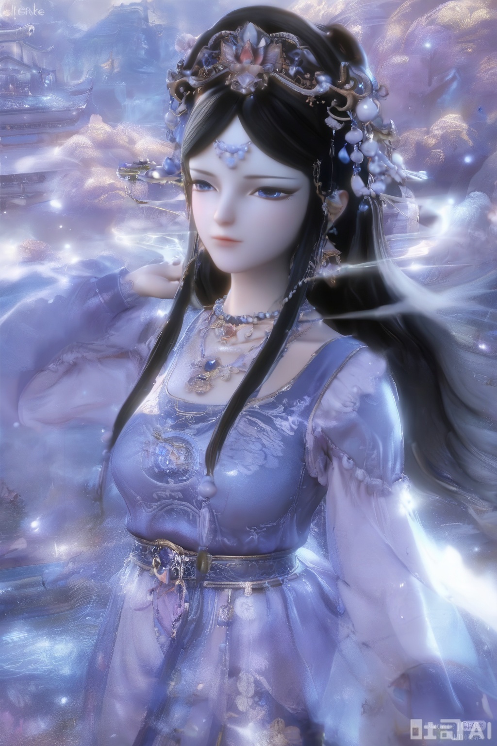 Score_9, score_8_up, score_7_up, looking at the audience, long sleeves, blue theme, necklace, cherry blossoms, petals, 3d, lifelike, ancient architecture, 1 girl, solo, long hair, black hair, hair accessories, long sleeves, dresses, jewelry, necklaces, Hanfu, blue eyes.