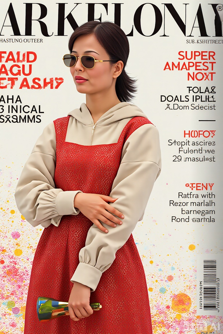 ,,,A close-up fashion magazine cover featuring an oriental beauty in a graceful and sexy pose, standing in front of white cover text decorated with gorgeous patterns and beautiful lines. The illustration is a flat style with deconstructed minimalist line drawings, incorporating fractal art effects. The background is color-speckled with a digital-art style, showcasing haute couture elements from Dolce and Gabbana and Balenciaga. The portrait includes sunglasses, super ambient fashion posters, plns, plbj, and a stylish, modern aesthetic.