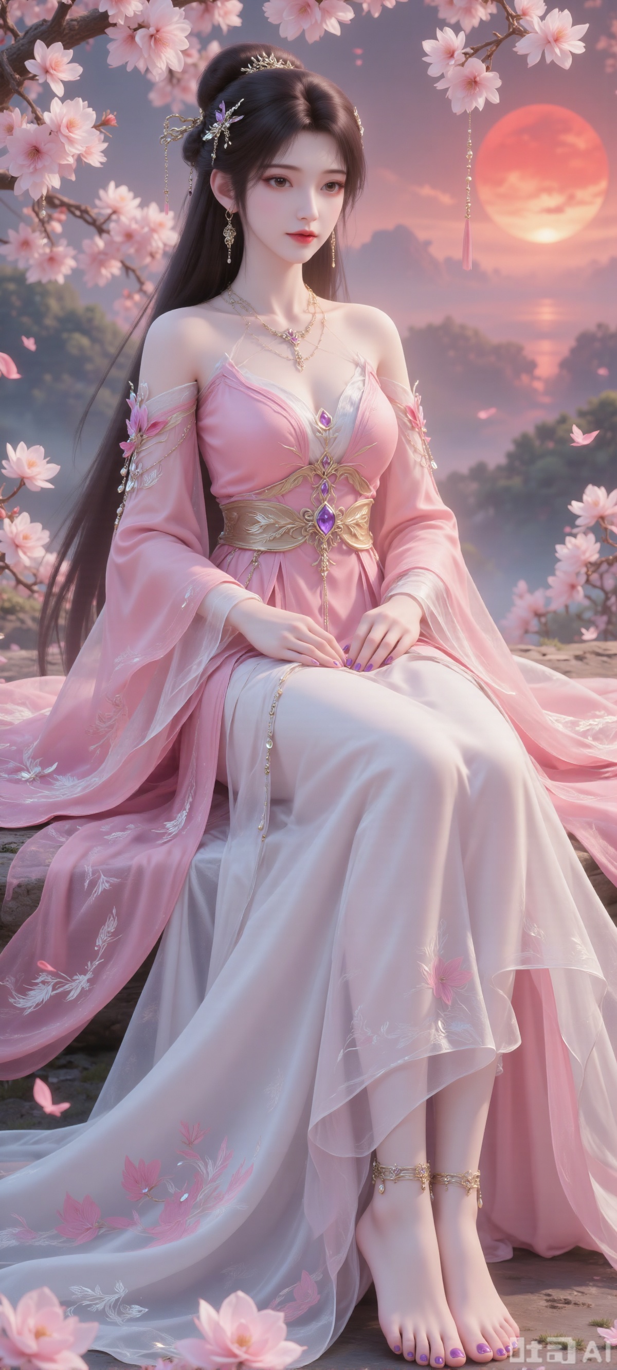 Clothing: She is wearing a pink traditional Chinese dress with classic and elegant style. The dress is off-shoulder design, showing off her beautiful shoulder lines. The upper half of the skirt is pink and has exquisite embroidery and decoration, which looks gorgeous. She wore a golden belt around her waist, decorated with a large gem, adding to the overall sense of nobility. The lower half of the skirt is white with pink embroidery, and the hem is loose and looks very flowing. She also wore a pink shawl, which added to the overall layering.A girl, dancing alone, long hair, simple background, black hair, hair accessories, jewelry, upper body, ponytail, necklace, bracelet, realistic style, wearing difficult clothes, Xiaohuan, a young girl dancing alone, her hair flutters in the wind. She sat there, wearing a ponytail, looking at the audience. She was barefoot, wearing a decorative piece on her feet and purple nail polish on her toes. She sat on a cherry tree, the sun set, and the red sun shone on her.