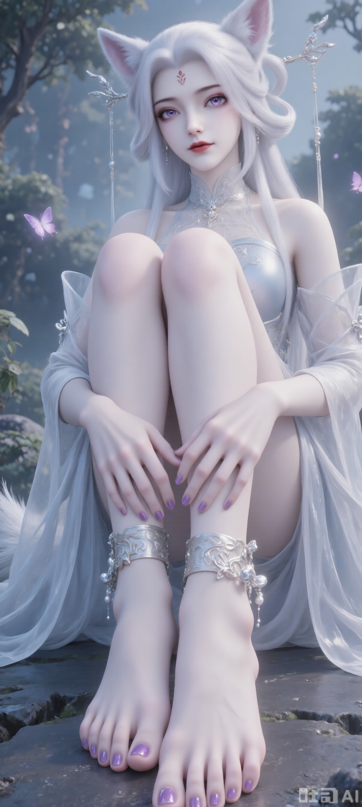 Tip: Masterpiece, best quality, super fine, centered on a fox-eared girl, barefoot, wearing purple nail polish, sitting on a stone, platinum hair with pink highlights, big fox ears (pink inside), purple eyes, fantasy dress (light blue + gold pattern, off-shoulder, pink gold shoulder armor), misty forest background, soft natural light, 3D anime rendering, movie-grade composition, 8K