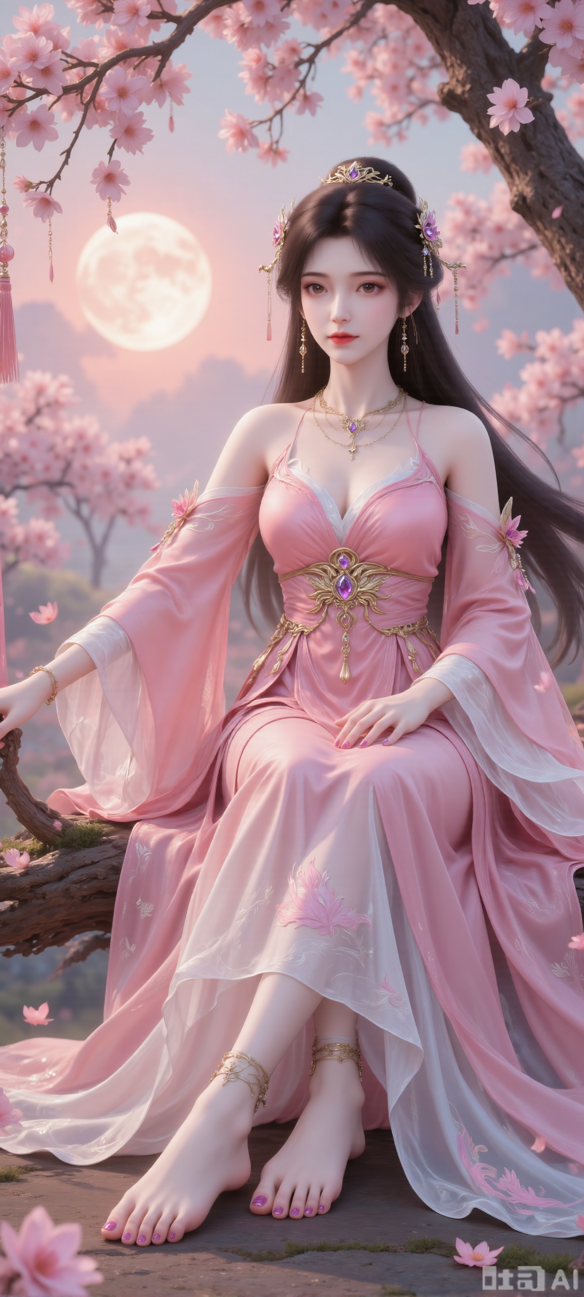 Clothing: She is wearing a pink traditional Chinese dress with classic and elegant style. The dress is off-shoulder design, showing off her beautiful shoulder lines. The upper half of the skirt is pink and has exquisite embroidery and decoration, which looks gorgeous. She wore a golden belt around her waist, decorated with a large gem, adding to the overall sense of nobility. The lower half of the skirt is white with pink embroidery, and the hem is loose and looks very flowing. She also wore a pink shawl, which added to the overall layering.A girl, dancing alone, long hair, simple background, black hair, hair accessories, jewelry, upper body, ponytail, necklace, bracelet, realistic style, wearing difficult clothes, Xiaohuan, a young girl dancing alone, her hair flutters in the wind. She sat there, wearing a ponytail, looking at the audience. She was barefoot, wearing a decorative piece on her feet and purple nail polish on her toes. She sat on a cherry tree, the sun set, and the red sun shone on her.