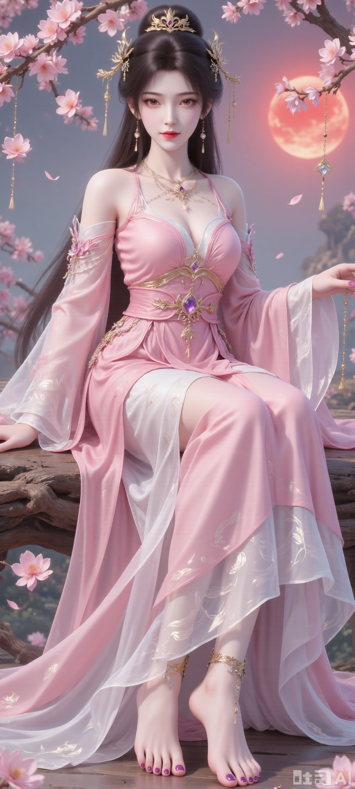 Clothing: She is wearing a pink traditional Chinese dress with classic and elegant style. The dress is off-shoulder design, showing off her beautiful shoulder lines. The upper half of the skirt is pink and has exquisite embroidery and decoration, which looks gorgeous. She wore a golden belt around her waist, decorated with a large gem, adding to the overall sense of nobility. The lower half of the skirt is white with pink embroidery, and the hem is loose and looks very flowing. She also wore a pink shawl, which added to the overall layering.A girl, dancing alone, long hair, simple background, black hair, hair accessories, jewelry, upper body, ponytail, necklace, bracelet, realistic style, wearing difficult clothes, Xiaohuan, a young girl dancing alone, her hair flutters in the wind. She sat there, wearing a ponytail, looking at the audience. She was barefoot, wearing a decorative piece on her feet and purple nail polish on her toes. She sat on a cherry tree, the sun set, and the red sun shone on her.