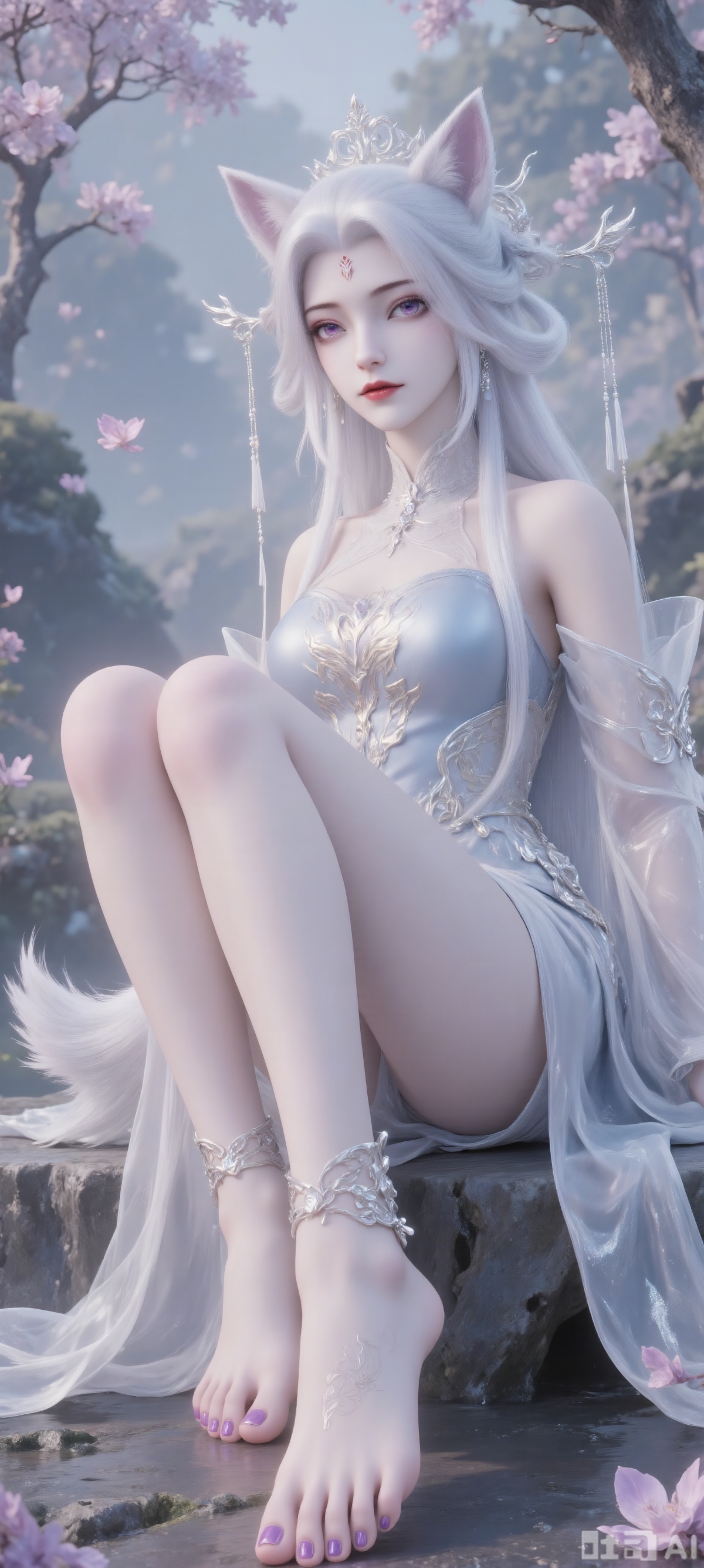 Tip: Masterpiece, best quality, super fine, centered on a fox-eared girl, barefoot, wearing purple nail polish, sitting on a stone, platinum hair with pink highlights, big fox ears (pink inside), purple eyes, fantasy dress (light blue + gold pattern, off-shoulder, pink gold shoulder armor), misty forest background, soft natural light, 3D anime rendering, movie-grade composition, 8K