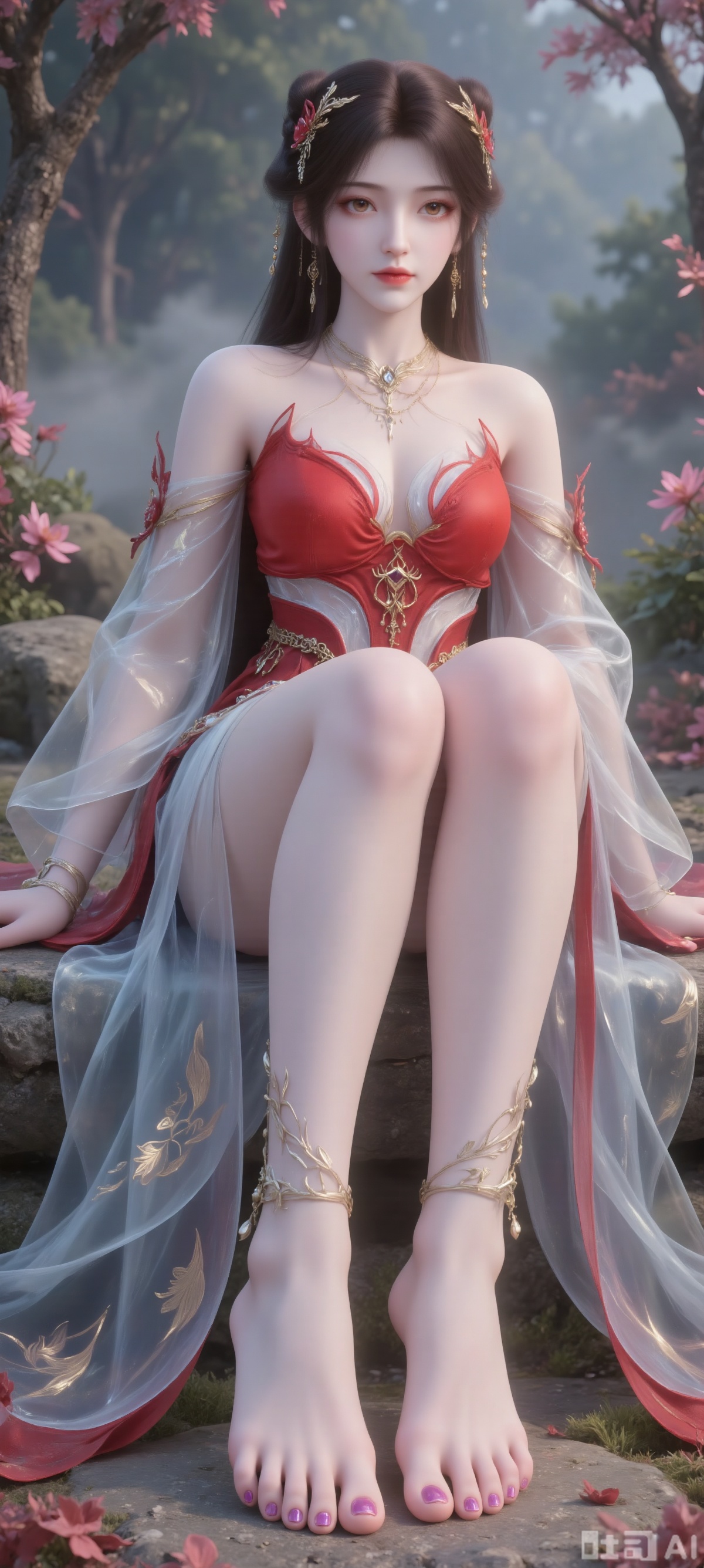 Tip: Masterpiece, best quality, super fine, centered on a girl in red, barefoot, wearing purple nail polish, sitting on the stone, fantasy dress (light blue + gold pattern, off-shoulder, pink and gold shoulder armor), hazy forest background, soft natural light, 3D anime rendering, movie-level composition, 8K