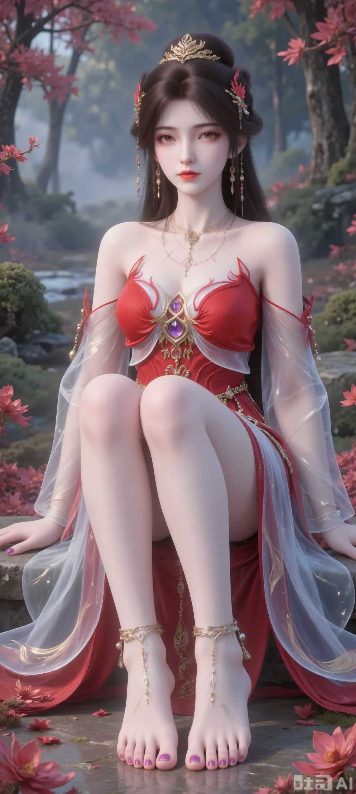 Tip: Masterpiece, best quality, super fine, centered on a girl in red, barefoot, wearing purple nail polish, sitting on the stone, fantasy dress (light blue + gold pattern, off-shoulder, pink and gold shoulder armor), hazy forest background, soft natural light, 3D anime rendering, movie-level composition, 8K