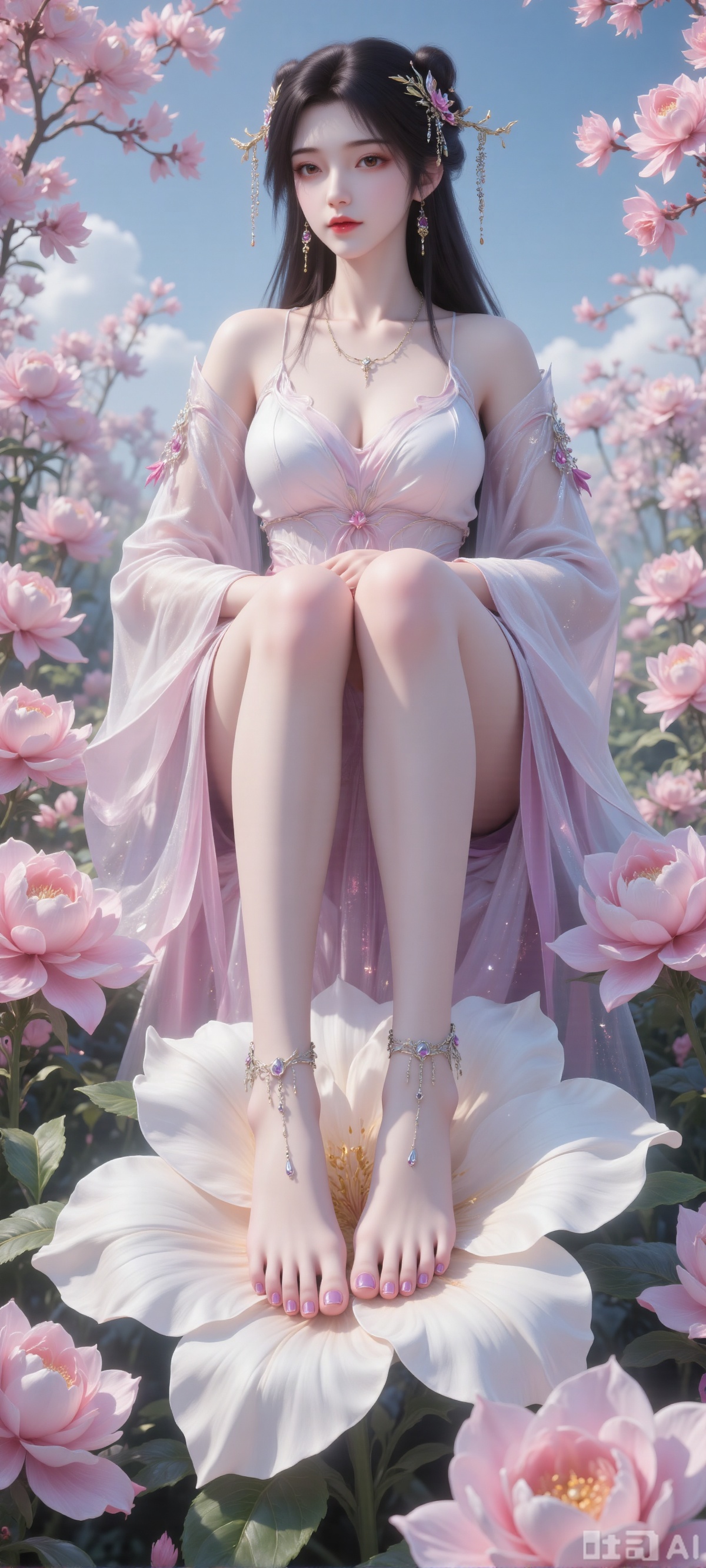 A woman. Her hair draped over her shoulders adds a touch of beauty to her outfit, she sits barefoot on a large white flower, decorated with purple nail polish on her feet and purple nail polish on her toes, and thick pink flowers on the background, creating a rich and textured background. In the middle of the painting, a beautiful Chinese woman stands among pink flowers, making her look like part of a garden full of flowers. Her skin is fair, her black details are delicate, her hair is soft and flowing, and she is carefully combed to complex hair accessories, with gorgeous details. She is in a bright garden with bright flowers, blue sky and deep and rich tones.