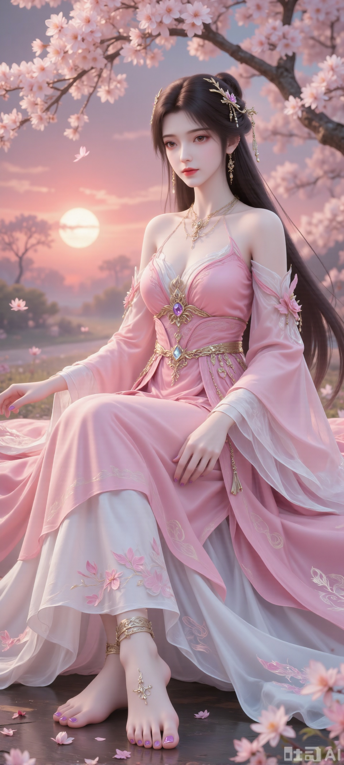 Clothing: She is wearing a pink traditional Chinese dress with classic and elegant style. The dress is off-shoulder design, showing off her beautiful shoulder lines. The upper half of the skirt is pink and has exquisite embroidery and decoration, which looks gorgeous. She wore a golden belt around her waist, decorated with a large gem, adding to the overall sense of nobility. The lower half of the skirt is white with pink embroidery, and the hem is loose and looks very flowing. She also wore a pink shawl, which added to the overall layering.A girl, dancing alone, long hair, simple background, black hair, hair accessories, jewelry, upper body, ponytail, necklace, bracelet, realistic style, wearing difficult clothes, Xiaohuan, a young girl dancing alone, her hair flutters in the wind. She sat there, wearing a ponytail, looking at the audience. She was barefoot, wearing a decorative piece on her feet and purple nail polish on her toes. She sat on a cherry tree, the sun set, and the red sun shone on her.
