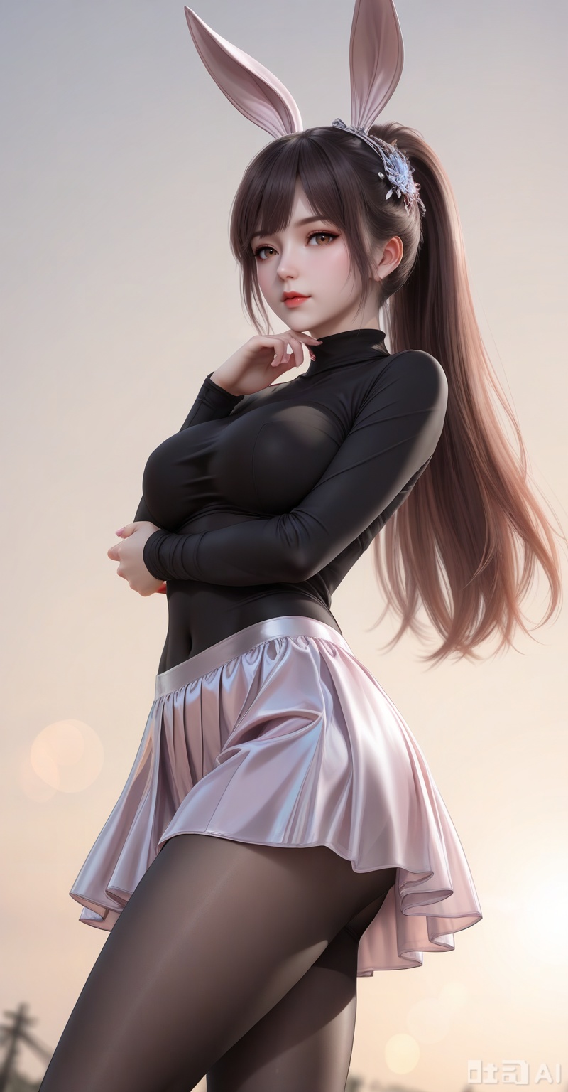 score_9,score_8_up,score_7_up,source_anime,adding a touch of dimension to your images without compromising details,Close-up details,outstanding style,realistic style photo young woman,,xiaowu,animal ears,rabbit ears,dress,hair ornament,long hair,ponytail,brown hair,
1girl,breasts,skirt,solo,pantyhose,large breasts,purple skirt,covered navel,long sleeves,taut clothes,miniskirt,pleated skirt,turtleneck,black shirt,shirt,black pantyhose,taut shirt, 
looking at viewer
,white_background,simple background,depth of field,lens_flare,whirls of vapor,iridescent textures,(Anime:1.1),translucent,ethereal ambiance,delicate details,magical atmosphere,concept art,highly detailed,ultra-high resolution,32K UHD,sharp focus,best-quality,masterpiece,golden hour,unconventional supreme masterpiece,masterful details,temperate atmosphere,with a high-end texture,in the style of fashion photography, cover,Dynamic Angle,Dynamic posture, cover,Dynamic Angle,Dynamic posture,(looking_at_viewer:1.2),
