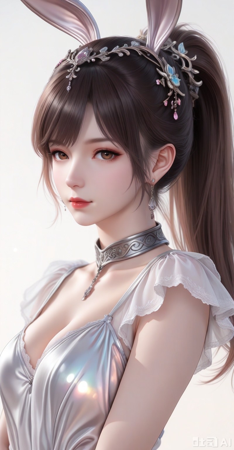 score_9,score_8_up,score_7_up,source_anime,adding a touch of dimension to your images without compromising details,Close-up details,outstanding style,realistic style photo young woman,,xiaowu,animal ears,shirt,rabbit ears,dress,hair ornament,long hair,ponytail,brown hair,upper body,closed mouth,collar,metal collar,breasts,looking at viewer,white_background,simple background,depth of field,lens_flare,whirls of vapor,iridescent textures,(Anime:1.1),translucent,ethereal ambiance,delicate details,magical atmosphere,concept art,highly detailed,ultra-high resolution,32K UHD,sharp focus,best-quality,masterpiece,golden hour,unconventional supreme masterpiece,masterful details,temperate atmosphere,with a high-end texture,in the style of fashion photography, cover,Dynamic Angle,Dynamic posture, cover,Dynamic Angle,Dynamic posture,(looking_at_viewer:1.2),