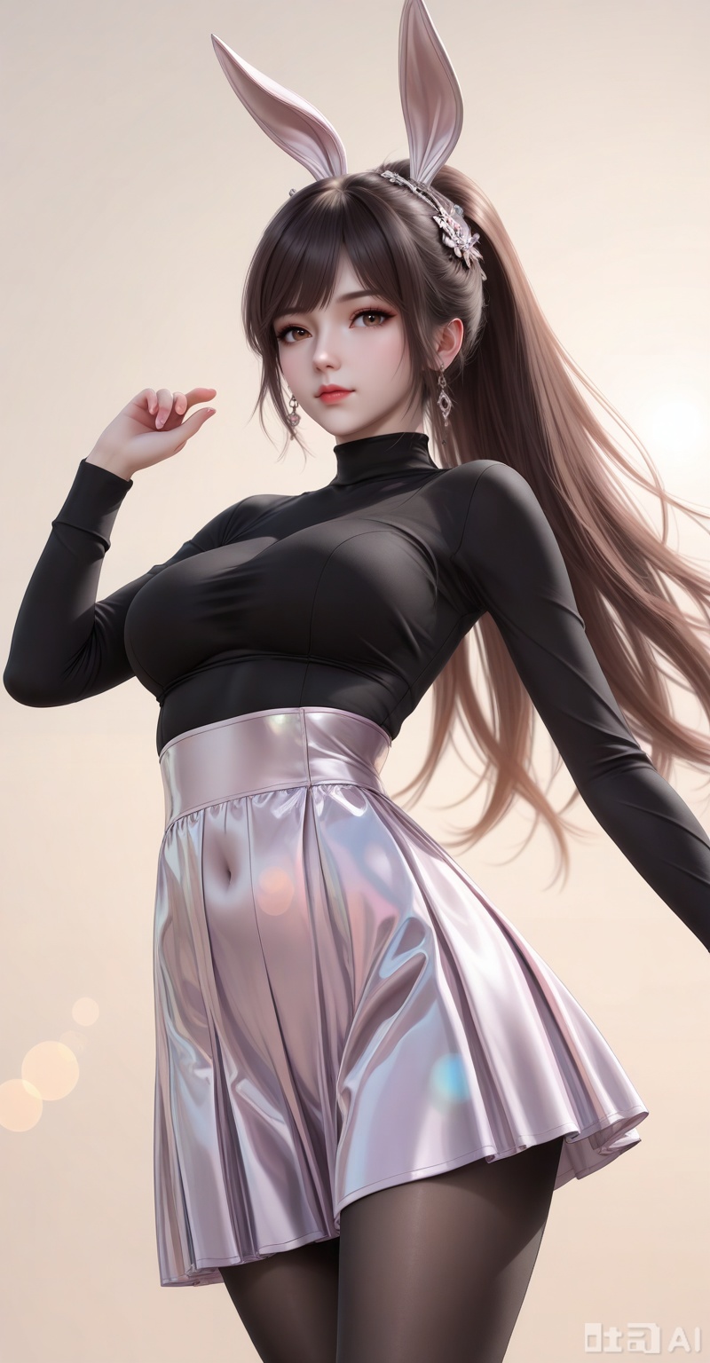 score_9,score_8_up,score_7_up,source_anime,adding a touch of dimension to your images without compromising details,Close-up details,outstanding style,realistic style photo young woman,,xiaowu,animal ears,rabbit ears,dress,hair ornament,long hair,ponytail,brown hair,
1girl,breasts,skirt,solo,pantyhose,large breasts,purple skirt,covered navel,long sleeves,taut clothes,miniskirt,pleated skirt,turtleneck,black shirt,shirt,black pantyhose,taut shirt, 
looking at viewer
,white_background,simple background,depth of field,lens_flare,whirls of vapor,iridescent textures,(Anime:1.1),translucent,ethereal ambiance,delicate details,magical atmosphere,concept art,highly detailed,ultra-high resolution,32K UHD,sharp focus,best-quality,masterpiece,golden hour,unconventional supreme masterpiece,masterful details,temperate atmosphere,with a high-end texture,in the style of fashion photography, cover,Dynamic Angle,Dynamic posture, cover,Dynamic Angle,Dynamic posture,(looking_at_viewer:1.2),