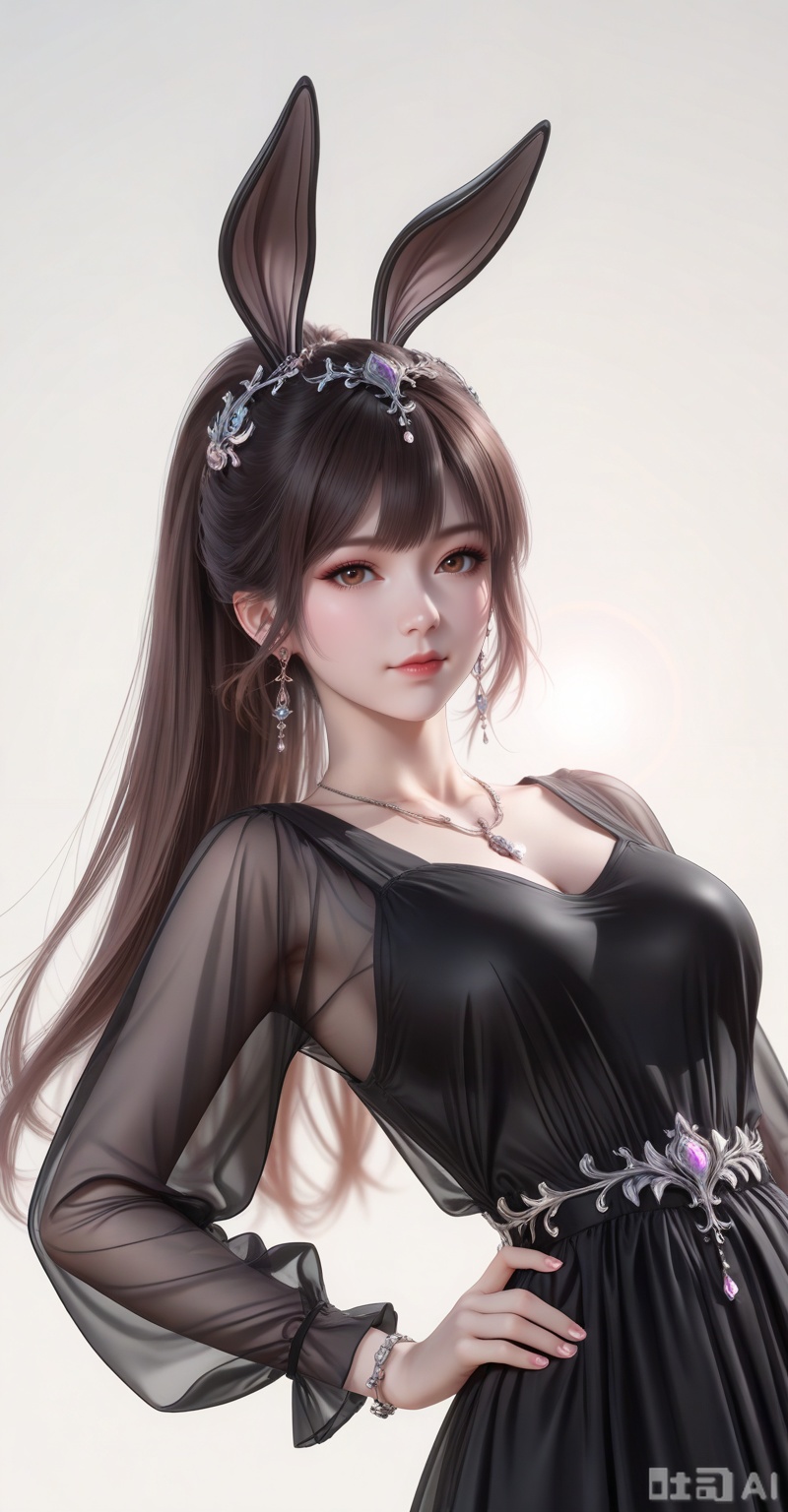 score_9,score_8_up,score_7_up,source_anime,adding a touch of dimension to your images without compromising details,Close-up details,outstanding style,realistic style photo young woman,,xiaowu,animal ears,rabbit ears,dress,hair ornament,long hair,ponytail,brown hair,
1girl,solo,jewelry,earrings,see-through,dress,upper body,black dress,hand on own hip,breasts,see-through sleeves, 
looking at viewer
,white_background,simple background,depth of field,lens_flare,whirls of vapor,iridescent textures,(Anime:1.1),translucent,ethereal ambiance,delicate details,magical atmosphere,concept art,highly detailed,ultra-high resolution,32K UHD,sharp focus,best-quality,masterpiece,golden hour,unconventional supreme masterpiece,masterful details,temperate atmosphere,with a high-end texture,in the style of fashion photography, cover,Dynamic Angle,Dynamic posture, cover,Dynamic Angle,Dynamic posture,(looking_at_viewer:1.2),