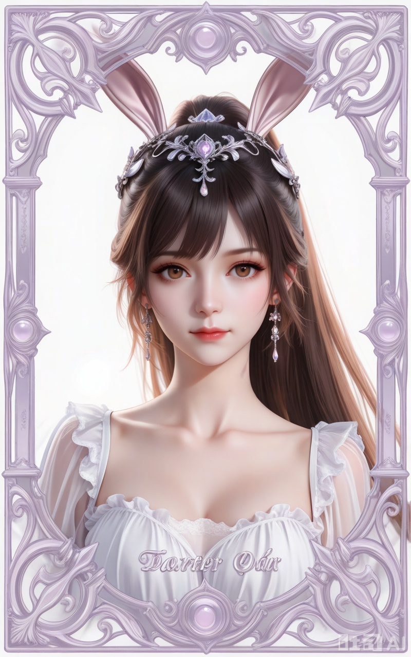 score_9,score_8_up,score_7_up,source_anime,adding a touch of dimension to your images without compromising details,Close-up details,outstanding style,realistic style photo young woman,,xiaowu,animal ears,rabbit ears,hair ornament,long hair,ponytail,very long hair,brown hair,(portrait:1.2),
1girl,solo,earrings,jewelry,looking at viewer,breasts,tarot,collarbone,upper body,dress,closed mouth,card \(medium\),tarot \(medium\),frills,border,
looking at viewer
,white_background,simple background,depth of field,lens_flare,whirls of vapor,iridescent textures,(Anime:1.1),translucent,ethereal ambiance,delicate details,magical atmosphere,concept art,highly detailed,ultra-high resolution,32K UHD,sharp focus,best-quality,masterpiece,golden hour,unconventional supreme masterpiece,masterful details,temperate atmosphere,with a high-end texture,in the style of fashion photography, cover,Dynamic Angle,Dynamic posture, cover,Dynamic Angle,Dynamic posture,(looking_at_viewer:1.2),