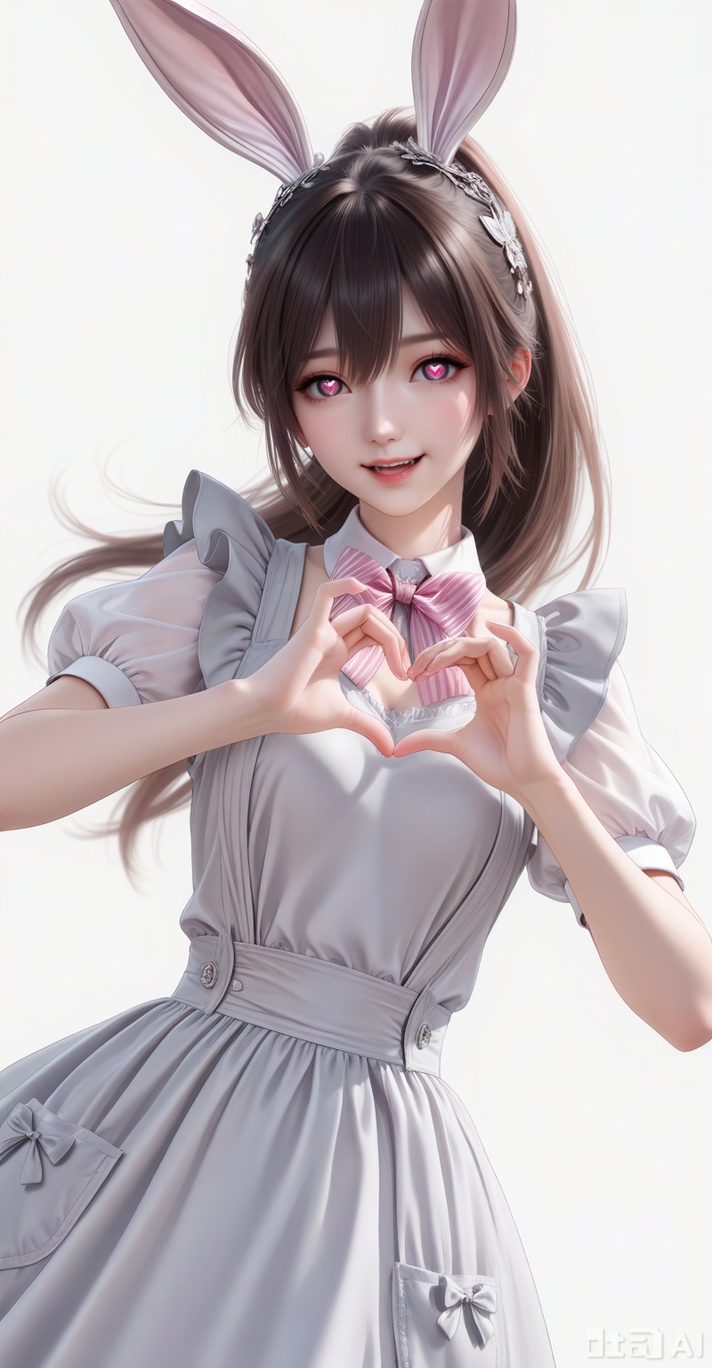 score_9,score_8_up,score_7_up,source_anime,adding a touch of dimension to your images without compromising details,Close-up details,outstanding style,realistic style photo young woman,,xiaowu,animal ears,rabbit ears,dress,hair ornament,long hair,ponytail,brown hair,
1girl,solo,bandaid on hand,butterfly hair ornament,heart,long hair,apron,open mouth,pink bowtie,hair ornament,white background,pink bow,short sleeves,dress,simple background,bow,striped bow,hair between eyes,shadow,puffy sleeves,frills,puffy short sleeves,heart hands,bowtie,hands up,grey apron,smile,looking at viewer,striped bowtie,symbol-shaped pupils,heart-shaped pupils,symbol in eye,grey bow,

looking at viewer
,white_background,simple background,depth of field,lens_flare,whirls of vapor,iridescent textures,(Anime:1.1),translucent,ethereal ambiance,delicate details,magical atmosphere,concept art,highly detailed,ultra-high resolution,32K UHD,sharp focus,best-quality,masterpiece,golden hour,unconventional supreme masterpiece,masterful details,temperate atmosphere,with a high-end texture,in the style of fashion photography, cover,Dynamic Angle,Dynamic posture, cover,Dynamic Angle,Dynamic posture,(looking_at_viewer:1.2),