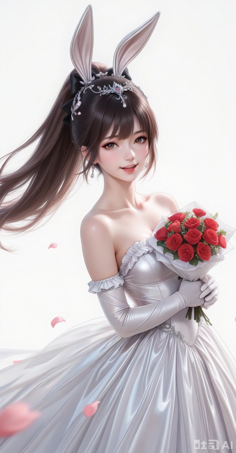 score_9,score_8_up,score_7_up,source_anime,adding a touch of dimension to your images without compromising details,Close-up details,outstanding style,realistic style photo young woman,,xiaowu,animal ears,rabbit ears,dress,hair ornament,long hair,ponytail,brown hair,
elbow_gloves,frilled_skirt,holding_bouquet,highres,cherry_blossoms,strapless_dress,white_gloves,looking_at_viewer,red_flower,solo,collarbone,own_hands_together,:d,white_background,backlighting,black_bow,bare_shoulders,frilled_dress,hair_bow,wedding_dress,commentary_request,1girl,petals,simple_background,blush,cowboy_shot,
looking at viewer
,white_background,simple background,depth of field,lens_flare,whirls of vapor,iridescent textures,(Anime:1.1),translucent,ethereal ambiance,delicate details,magical atmosphere,concept art,highly detailed,ultra-high resolution,32K UHD,sharp focus,best-quality,masterpiece,golden hour,unconventional supreme masterpiece,masterful details,temperate atmosphere,with a high-end texture,in the style of fashion photography, cover,Dynamic Angle,Dynamic posture, cover,Dynamic Angle,Dynamic posture,(looking_at_viewer:1.2),