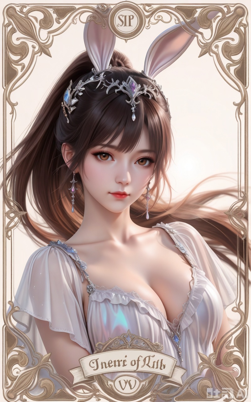score_9,score_8_up,score_7_up,source_anime,adding a touch of dimension to your images without compromising details,Close-up details,outstanding style,realistic style photo young woman,,xiaowu,animal ears,rabbit ears,hair ornament,long hair,ponytail,very long hair,brown hair,(portrait:1.2),
1girl,solo,earrings,jewelry,looking at viewer,breasts,tarot,collarbone,upper body,dress,closed mouth,card \(medium\),tarot \(medium\),frills,border,
looking at viewer
,white_background,simple background,depth of field,lens_flare,whirls of vapor,iridescent textures,(Anime:1.1),translucent,ethereal ambiance,delicate details,magical atmosphere,concept art,highly detailed,ultra-high resolution,32K UHD,sharp focus,best-quality,masterpiece,golden hour,unconventional supreme masterpiece,masterful details,temperate atmosphere,with a high-end texture,in the style of fashion photography, cover,Dynamic Angle,Dynamic posture, cover,Dynamic Angle,Dynamic posture,(looking_at_viewer:1.2),