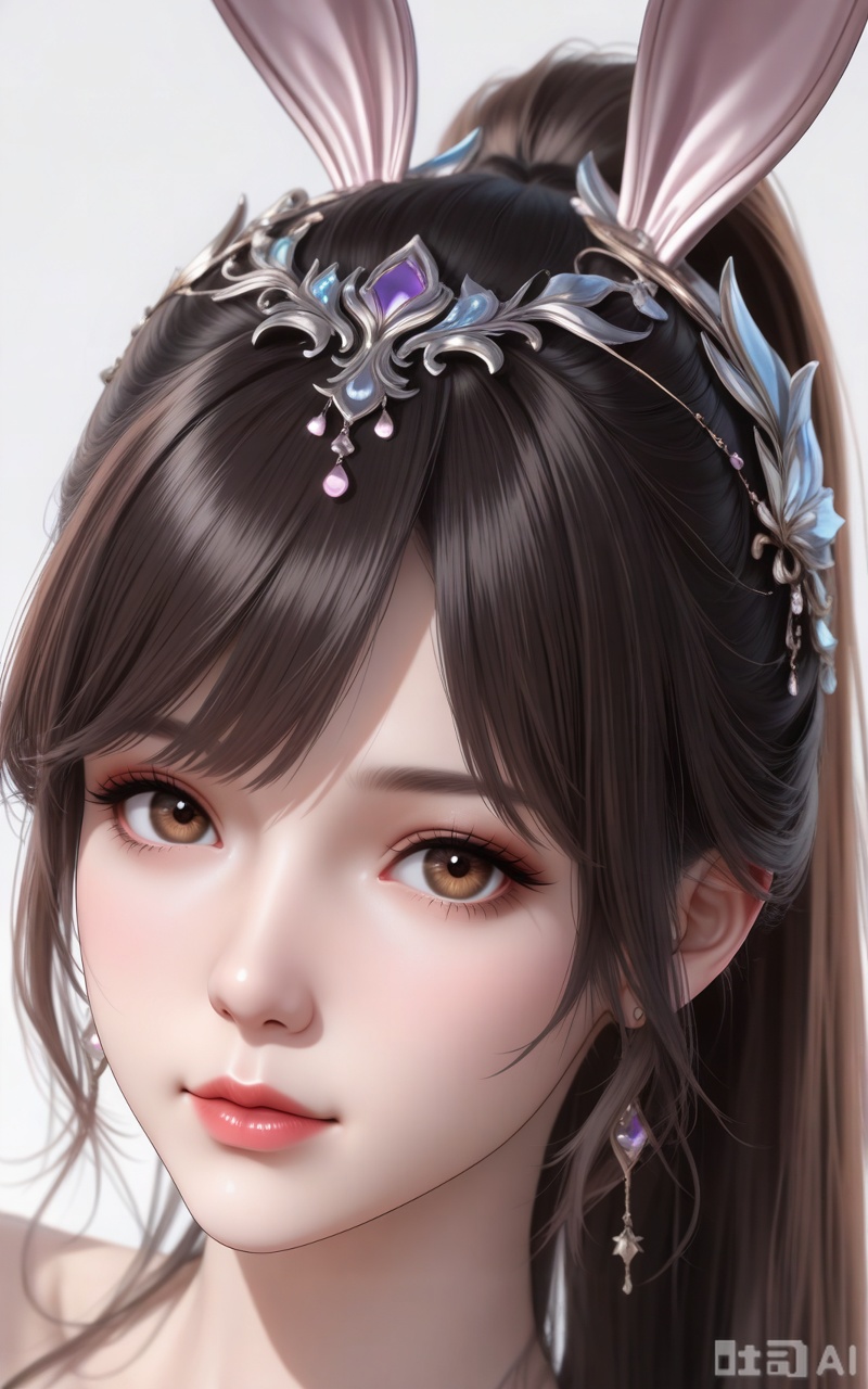 score_9,score_8_up,score_7_up,source_anime,adding a touch of dimension to your images without compromising details,Close-up details,outstanding style,realistic style photo young woman,,xiaowu,animal ears,rabbit ears,hair ornament,long hair,ponytail,very long hair,brown hair,(portrait:1.2),

looking at viewer
,white_background,simple background,depth of field,lens_flare,whirls of vapor,iridescent textures,(Anime:1.1),translucent,ethereal ambiance,delicate details,magical atmosphere,concept art,highly detailed,ultra-high resolution,32K UHD,sharp focus,best-quality,masterpiece,golden hour,unconventional supreme masterpiece,masterful details,temperate atmosphere,with a high-end texture,in the style of fashion photography, cover,Dynamic Angle,Dynamic posture, cover,Dynamic Angle,Dynamic posture,(looking_at_viewer:1.2),