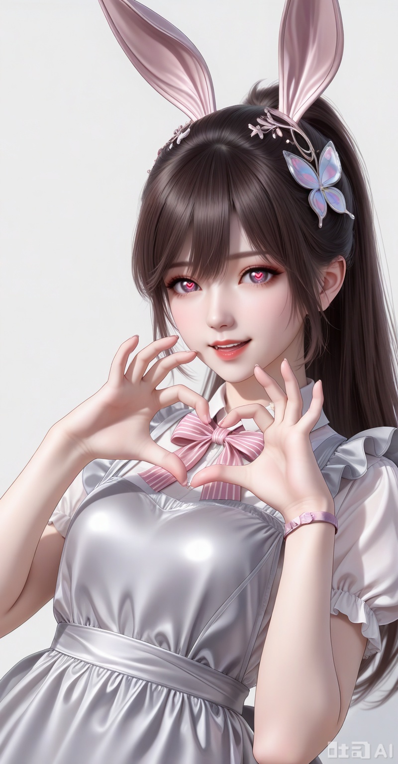 score_9,score_8_up,score_7_up,source_anime,adding a touch of dimension to your images without compromising details,Close-up details,outstanding style,realistic style photo young woman,,xiaowu,animal ears,rabbit ears,dress,hair ornament,long hair,ponytail,brown hair,
1girl,solo,bandaid on hand,butterfly hair ornament,heart,long hair,apron,open mouth,pink bowtie,hair ornament,white background,pink bow,short sleeves,dress,simple background,bow,striped bow,hair between eyes,shadow,puffy sleeves,frills,puffy short sleeves,heart hands,bowtie,hands up,grey apron,smile,looking at viewer,striped bowtie,symbol-shaped pupils,heart-shaped pupils,symbol in eye,grey bow,

looking at viewer
,white_background,simple background,depth of field,lens_flare,whirls of vapor,iridescent textures,(Anime:1.1),translucent,ethereal ambiance,delicate details,magical atmosphere,concept art,highly detailed,ultra-high resolution,32K UHD,sharp focus,best-quality,masterpiece,golden hour,unconventional supreme masterpiece,masterful details,temperate atmosphere,with a high-end texture,in the style of fashion photography, cover,Dynamic Angle,Dynamic posture, cover,Dynamic Angle,Dynamic posture,(looking_at_viewer:1.2),