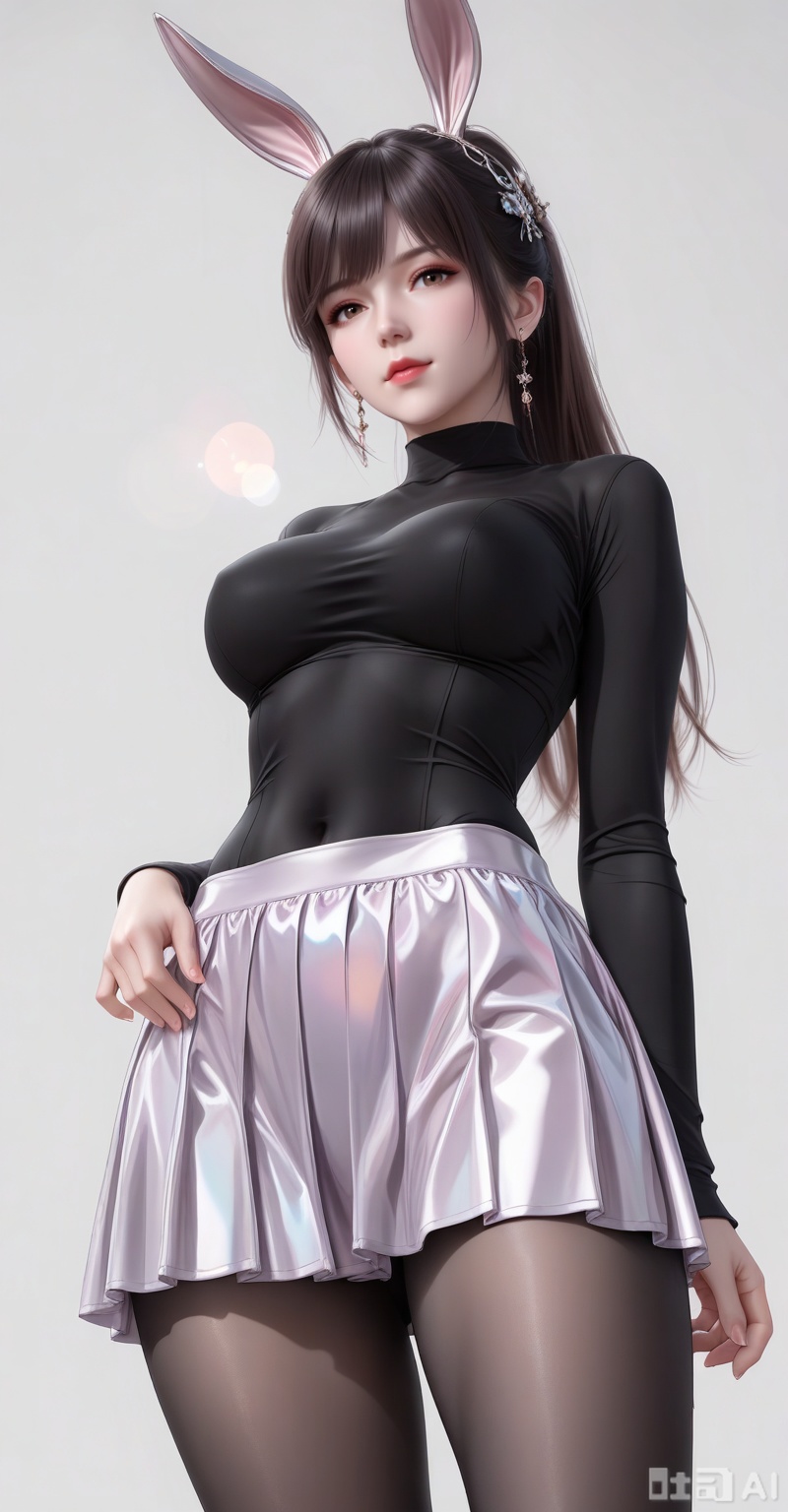 score_9,score_8_up,score_7_up,source_anime,adding a touch of dimension to your images without compromising details,Close-up details,outstanding style,realistic style photo young woman,,xiaowu,animal ears,rabbit ears,dress,hair ornament,long hair,ponytail,brown hair,
1girl,breasts,skirt,solo,pantyhose,large breasts,purple skirt,covered navel,long sleeves,taut clothes,miniskirt,pleated skirt,turtleneck,black shirt,shirt,black pantyhose,taut shirt, 
looking at viewer
,white_background,simple background,depth of field,lens_flare,whirls of vapor,iridescent textures,(Anime:1.1),translucent,ethereal ambiance,delicate details,magical atmosphere,concept art,highly detailed,ultra-high resolution,32K UHD,sharp focus,best-quality,masterpiece,golden hour,unconventional supreme masterpiece,masterful details,temperate atmosphere,with a high-end texture,in the style of fashion photography, cover,Dynamic Angle,Dynamic posture, cover,Dynamic Angle,Dynamic posture,(looking_at_viewer:1.2),