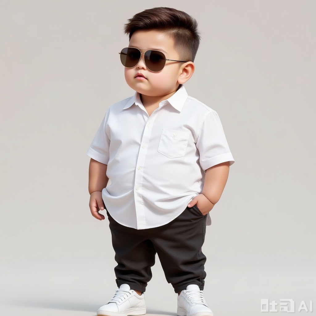 A chubby boy in white shirt, black pants, sunglasses