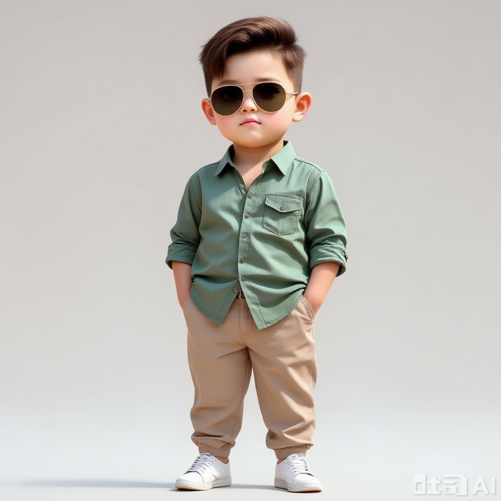 Wearing a green striped shirt, beige casual pants, boy