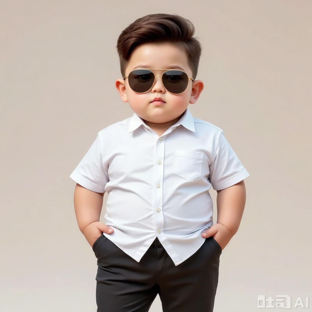 A chubby boy in white shirt, black pants, sunglasses