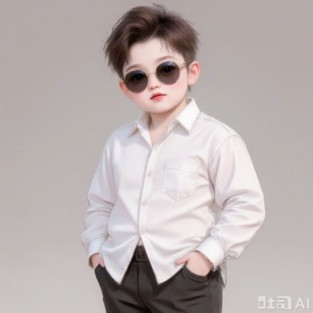 A chubby boy in white shirt, black pants, sunglasses