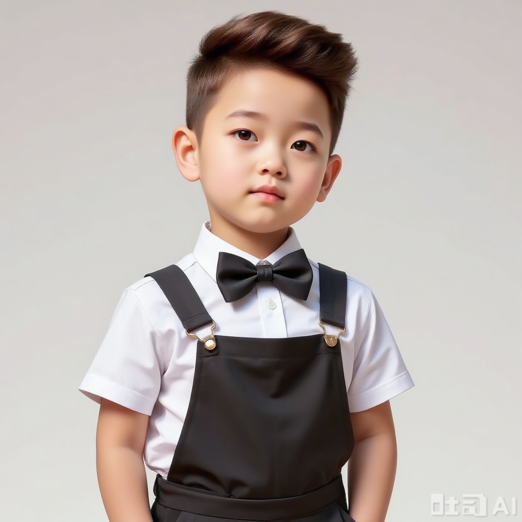 Wearing white short sleeves, black overalls, bow tie, boy